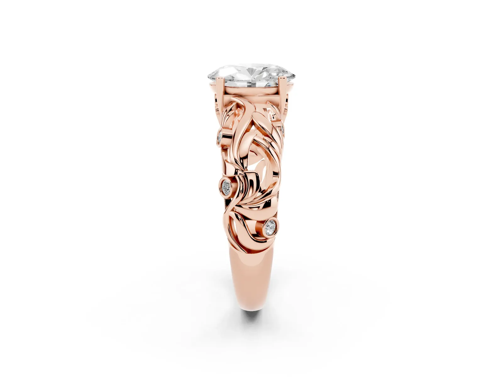 Oval Cut Solitaire Diamond Leaf-Inspired Vine Band Ring with Prong Setting Rose gold