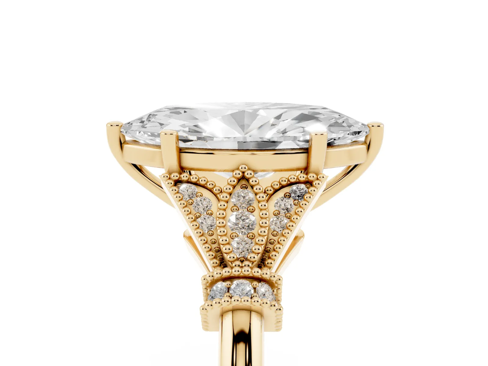 Marquise Cut Diamond Solitaire Ring with Floral Filigree and Pave Accents Yellow gold