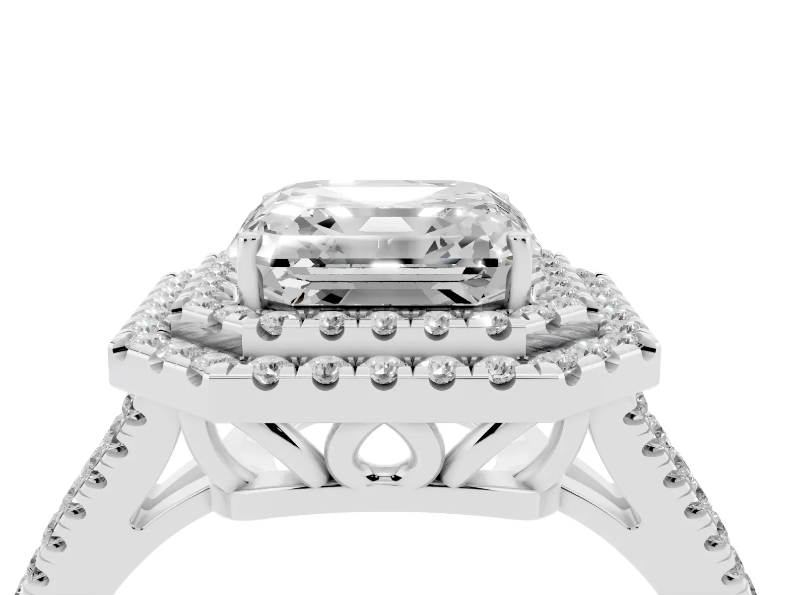 Asscher Cut Diamond Double Halo Ring with Pavé Band and Prong Setting Platinum