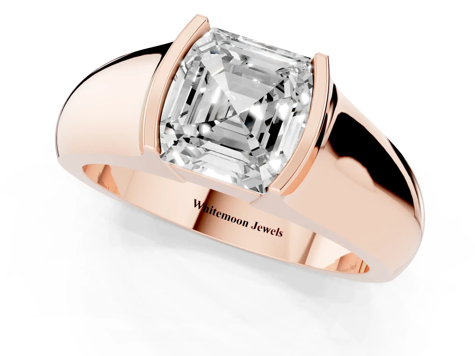Asscher Cut Solitaire Bezel Set Diamond Ring with Wide Band Rose gold