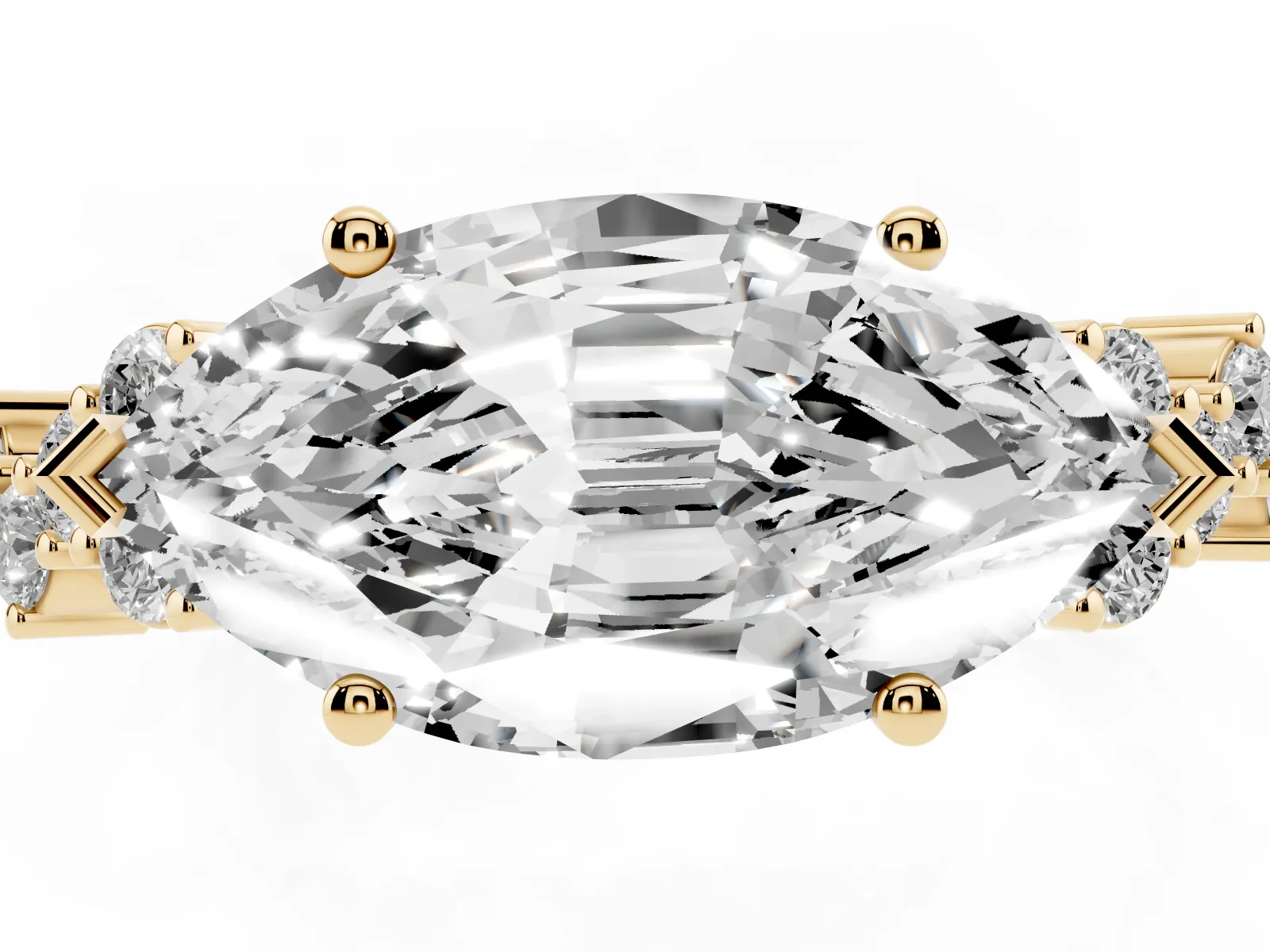 Marquise Cut Diamond Scattered Round Accent Ring with Prong Setting Yellow gold