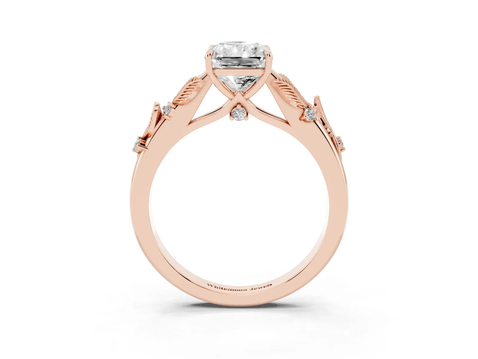 Radiant Cut Diamond Solitaire Ring with Leaf Motif Band and Four-Prong Setting Rose gold