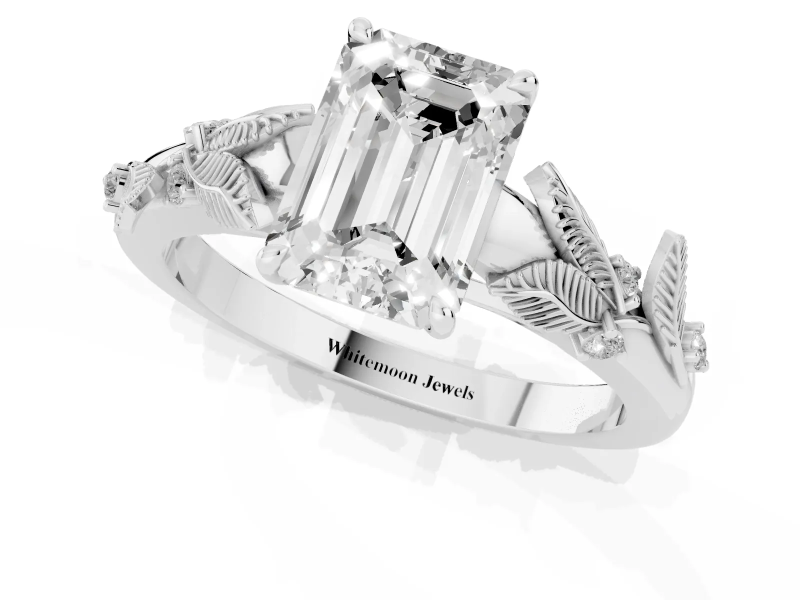 Emerald Cut Diamond Solitaire Ring with Leaf Motif Band and Four-Prong Setting Platinum