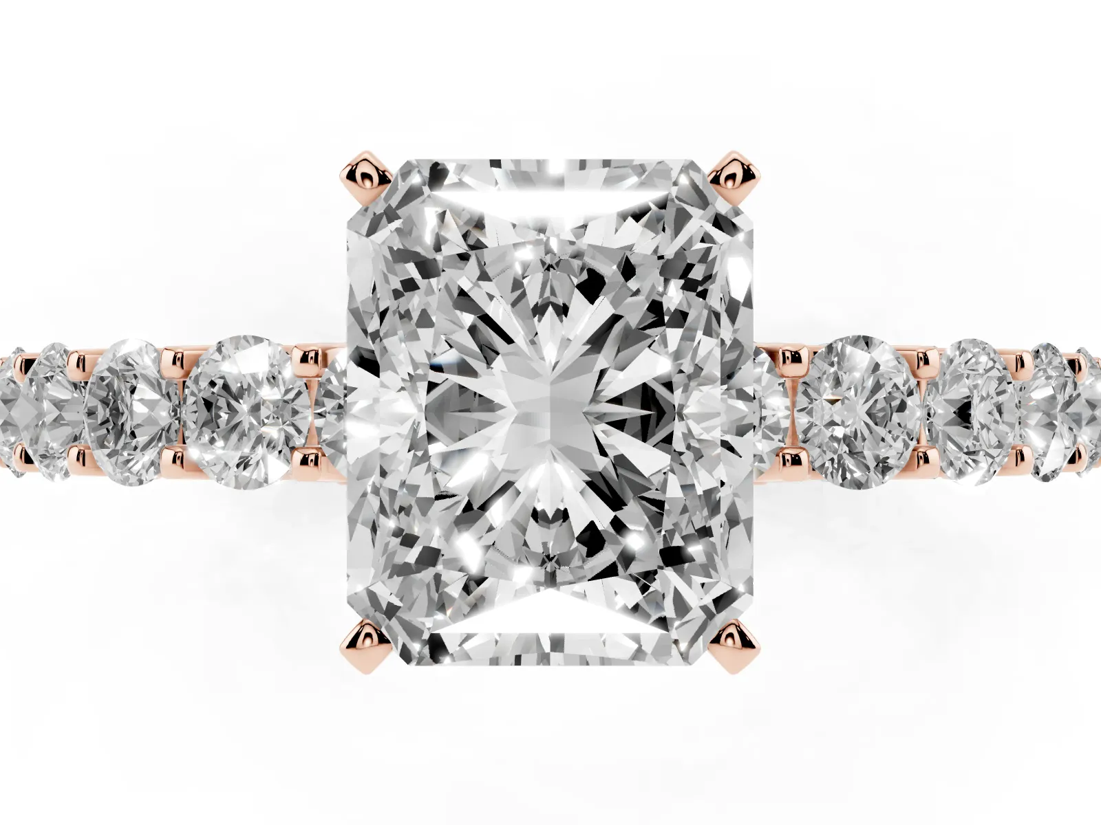 Radiant Cut Diamond Solitaire Ring with Shared Prong Pavé Band and Four-Prong Setting Rose gold