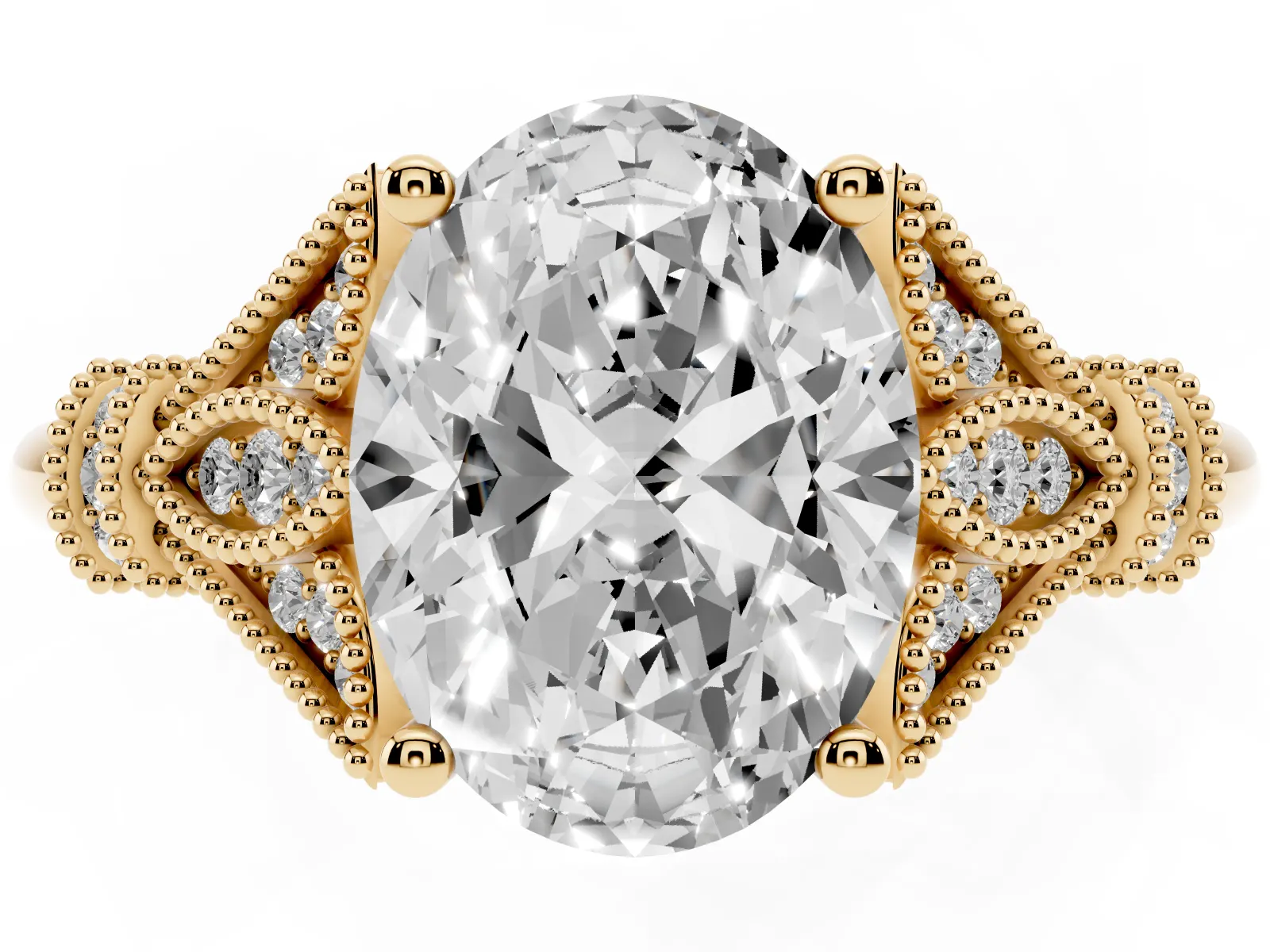 Oval Cut Diamond Solitaire Ring with Floral Filigree and Pave Accents Yellow gold