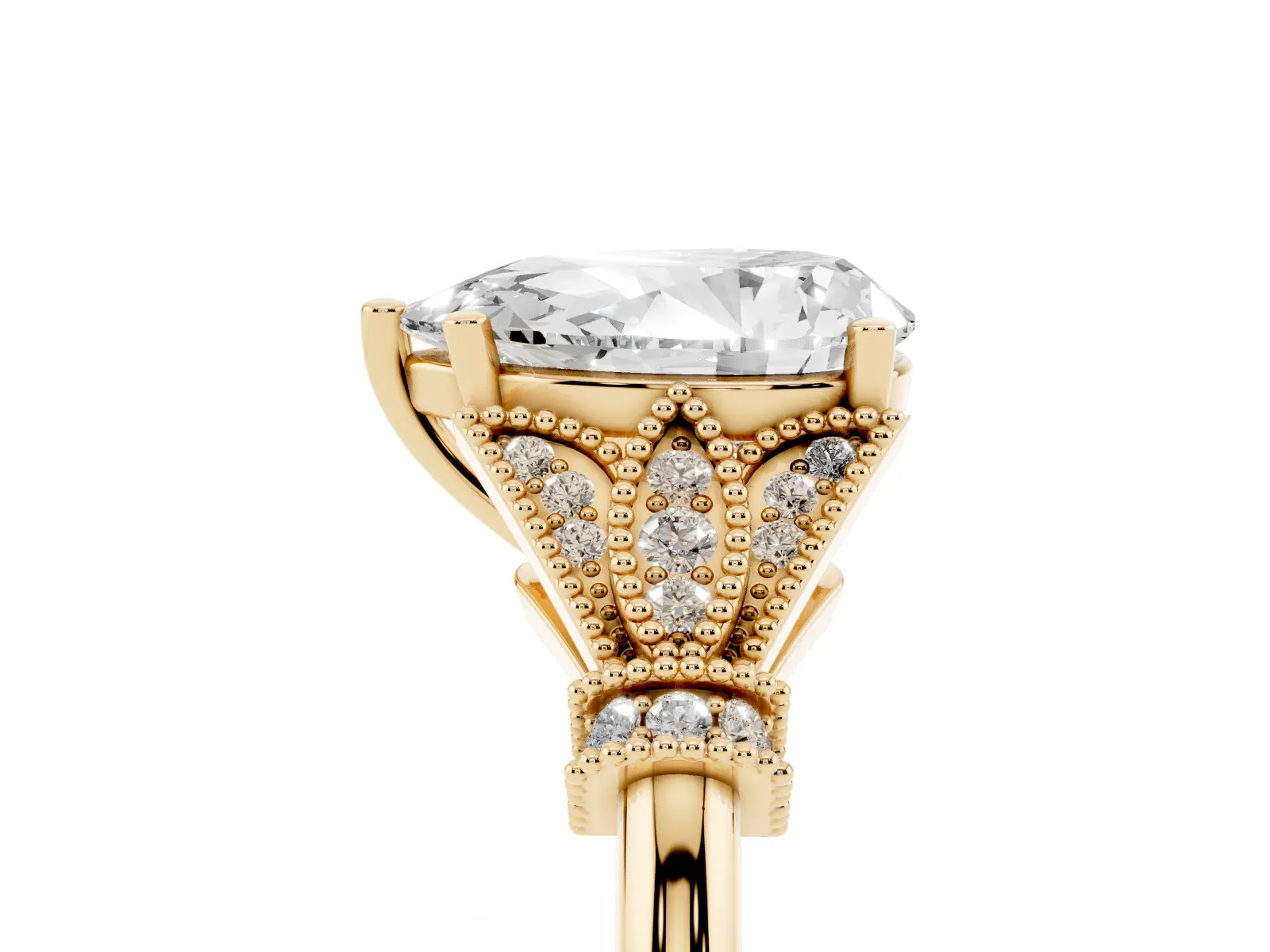 Pear Cut Diamond Solitaire Ring with Floral Filigree and Pave Accents Yellow gold