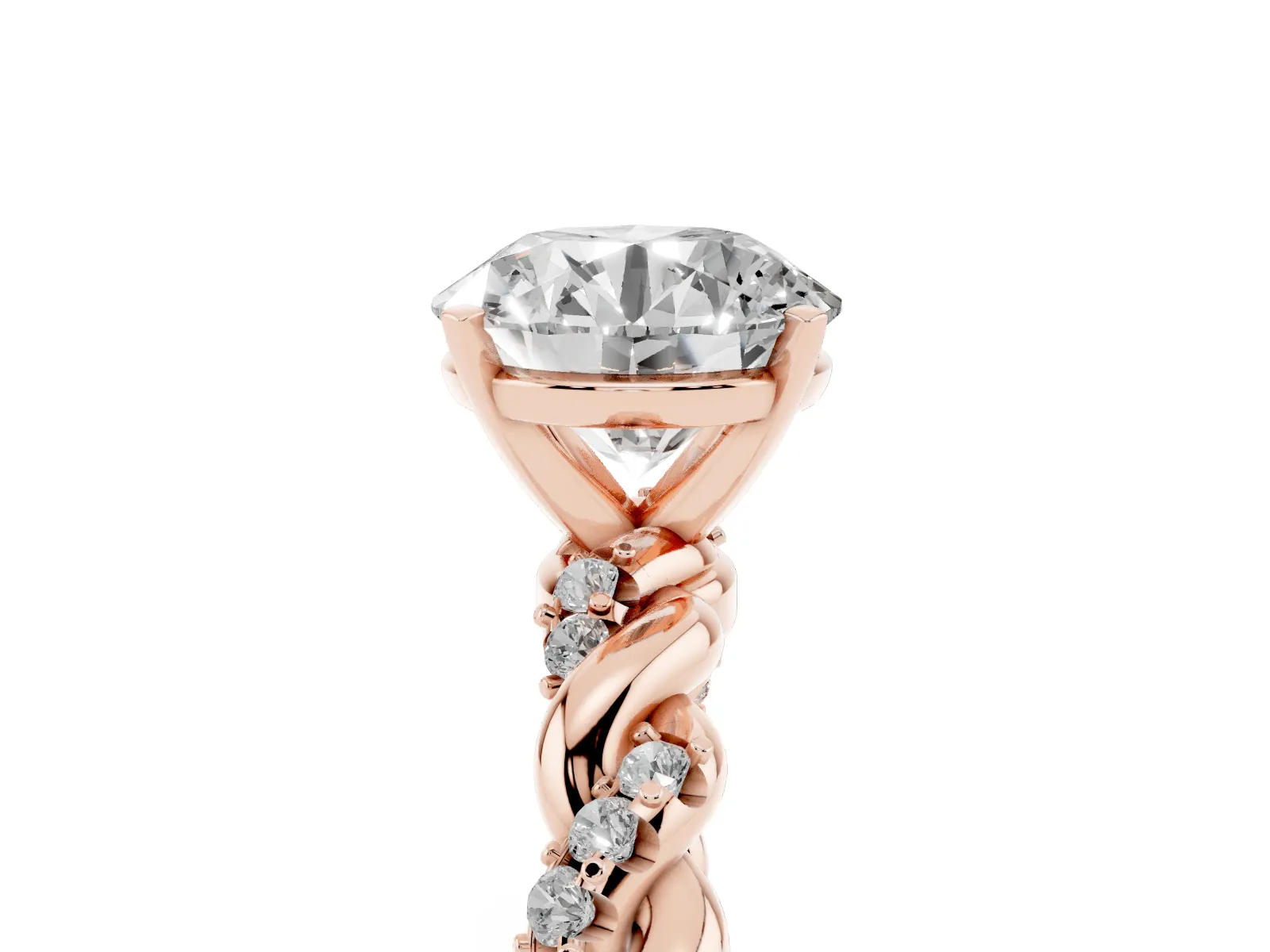 Round Cut Diamond Solitaire Ring with Twisted Band and Pavé Accents Rose gold
