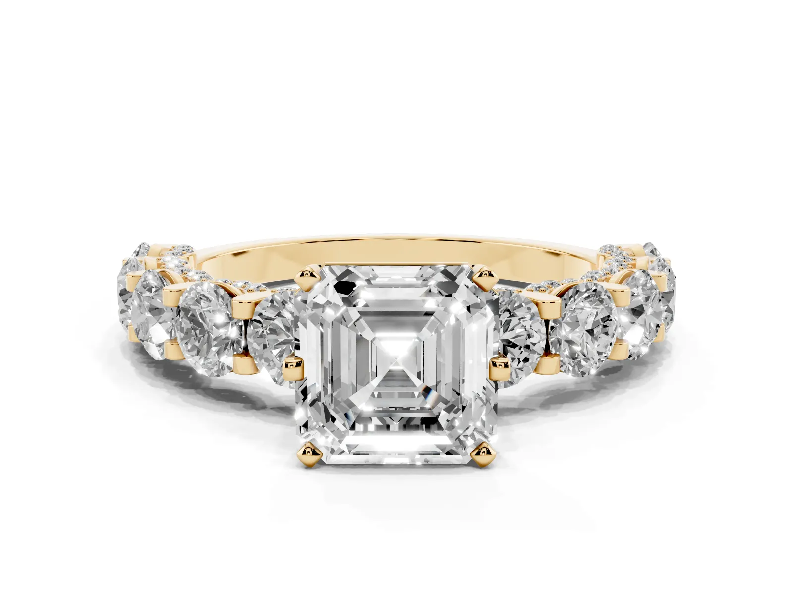 Asscher Cut Diamond Side Stone Engagement Ring with Four-Prong Setting Yellow gold