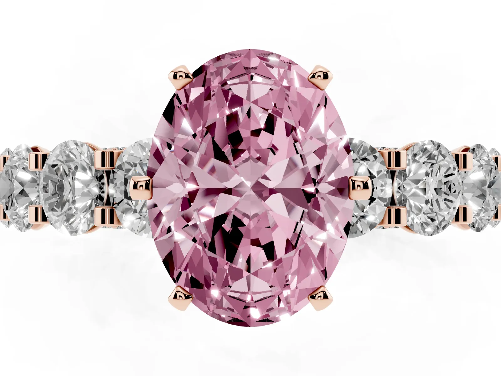 Fancy Pink Oval Cut Diamond Side Stone Engagement Ring with Four-Prong Setting Rose gold