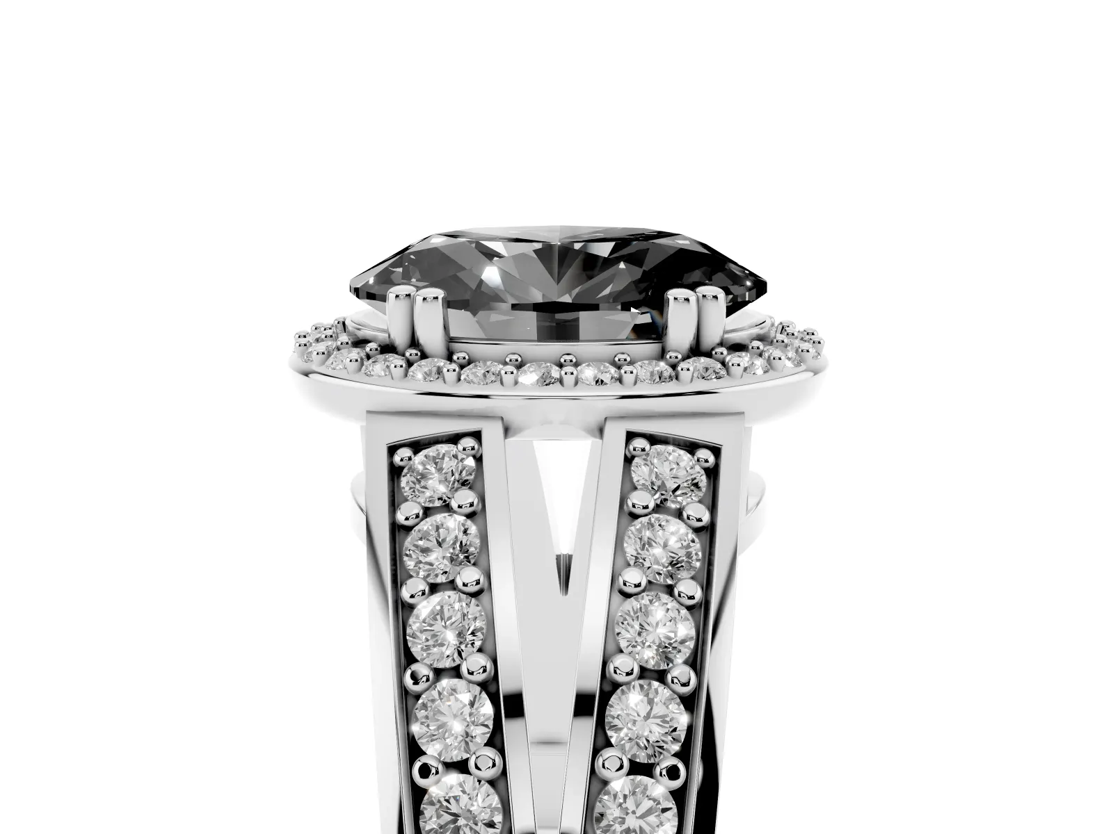 Fancy Black Oval Cut Diamond Halo Ring with Split Shank Pavé Band and Four-Prong Setting White gold