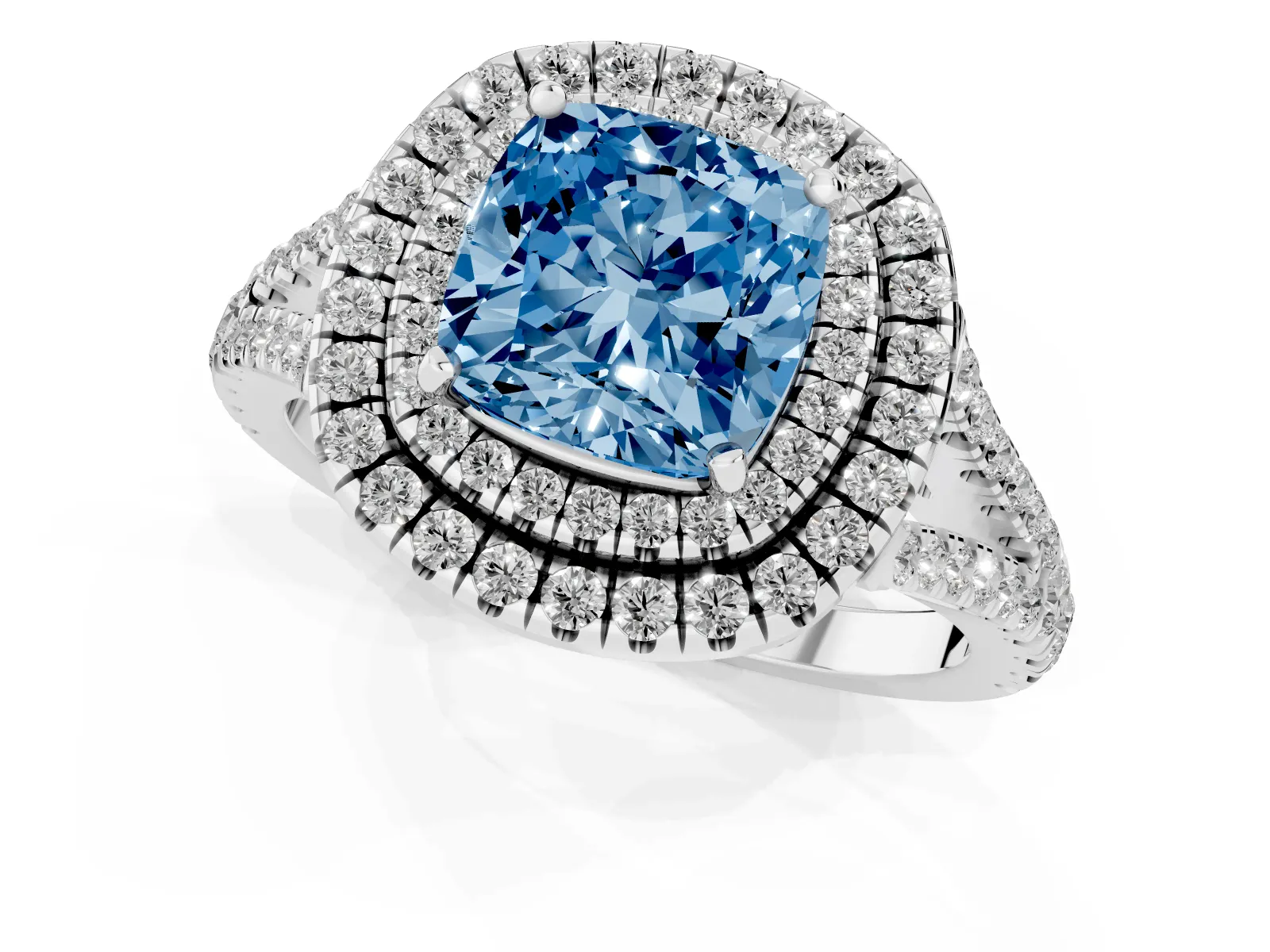 Fancy Blue Cushion Cut Diamond Double Halo Ring with Pavé Band and Prong Setting Platinum