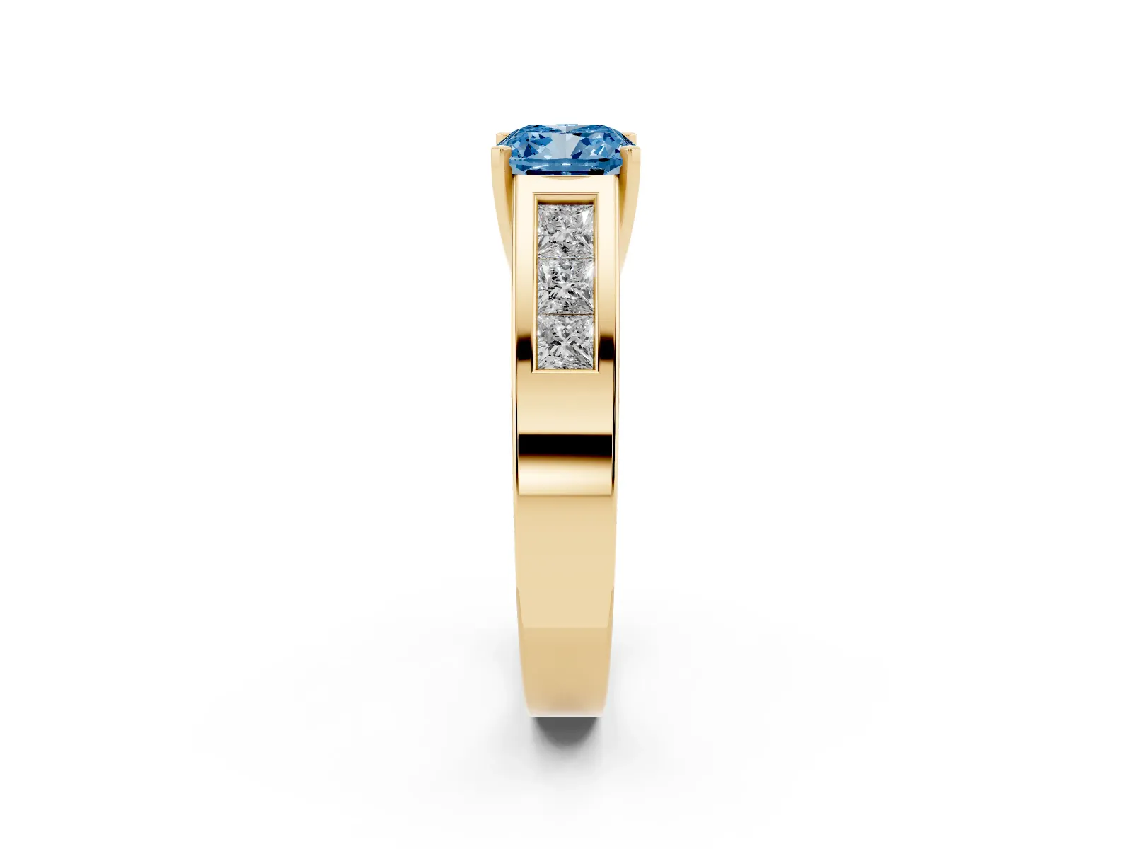 Fancy Blue Cushion Cut Cut Channel Set Solitaire Ring with Four-Prong Setting Yellow gold