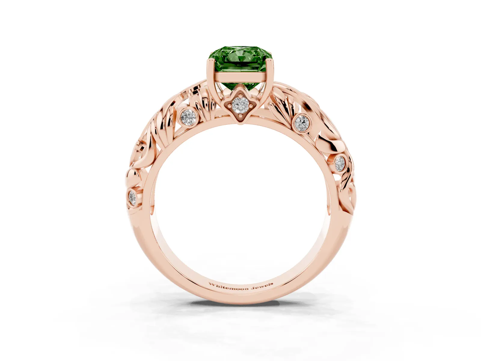 Fancy Green Radiant Cut Solitaire Diamond Leaf-Inspired Vine Band Ring with Prong Setting Rose gold