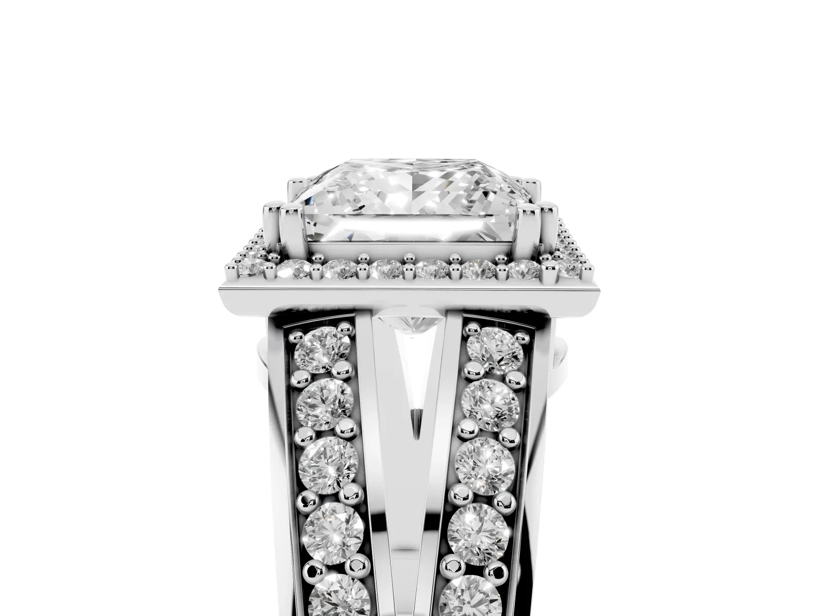 Princess Cut Diamond Halo Ring with Split Shank Pavé Band and Four-Prong Setting Platinum