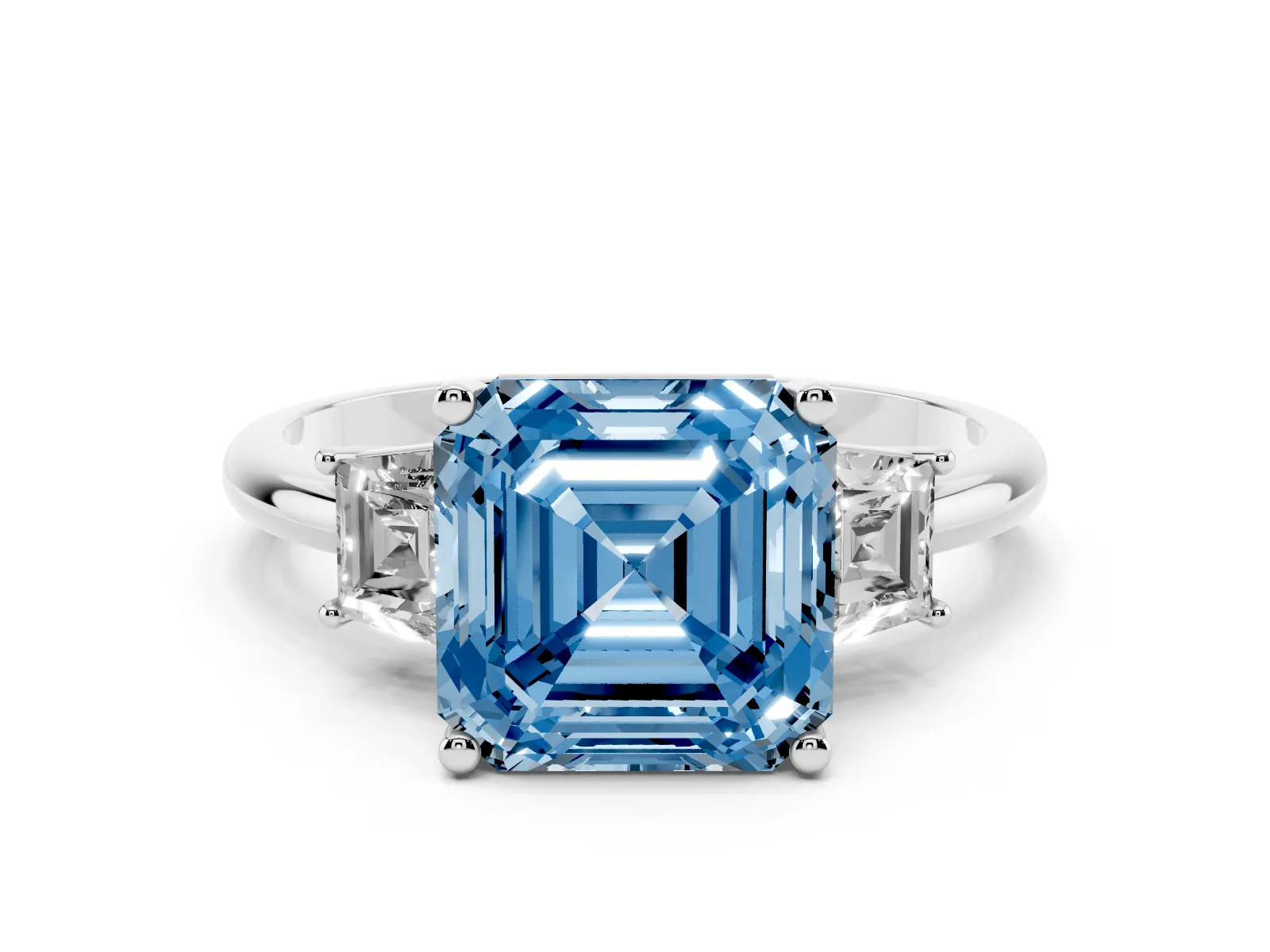 Fancy Blue Asscher Cut Diamond Three-Stone Ring with Trapezoid Side Stones and Prong Setting White gold