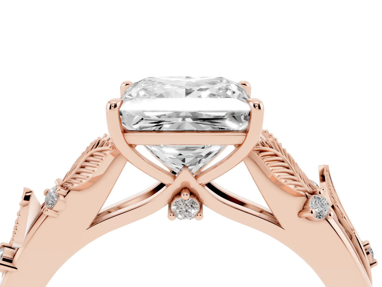 Princess Cut Diamond Solitaire Ring with Leaf Motif Band and Four-Prong Setting Rose gold