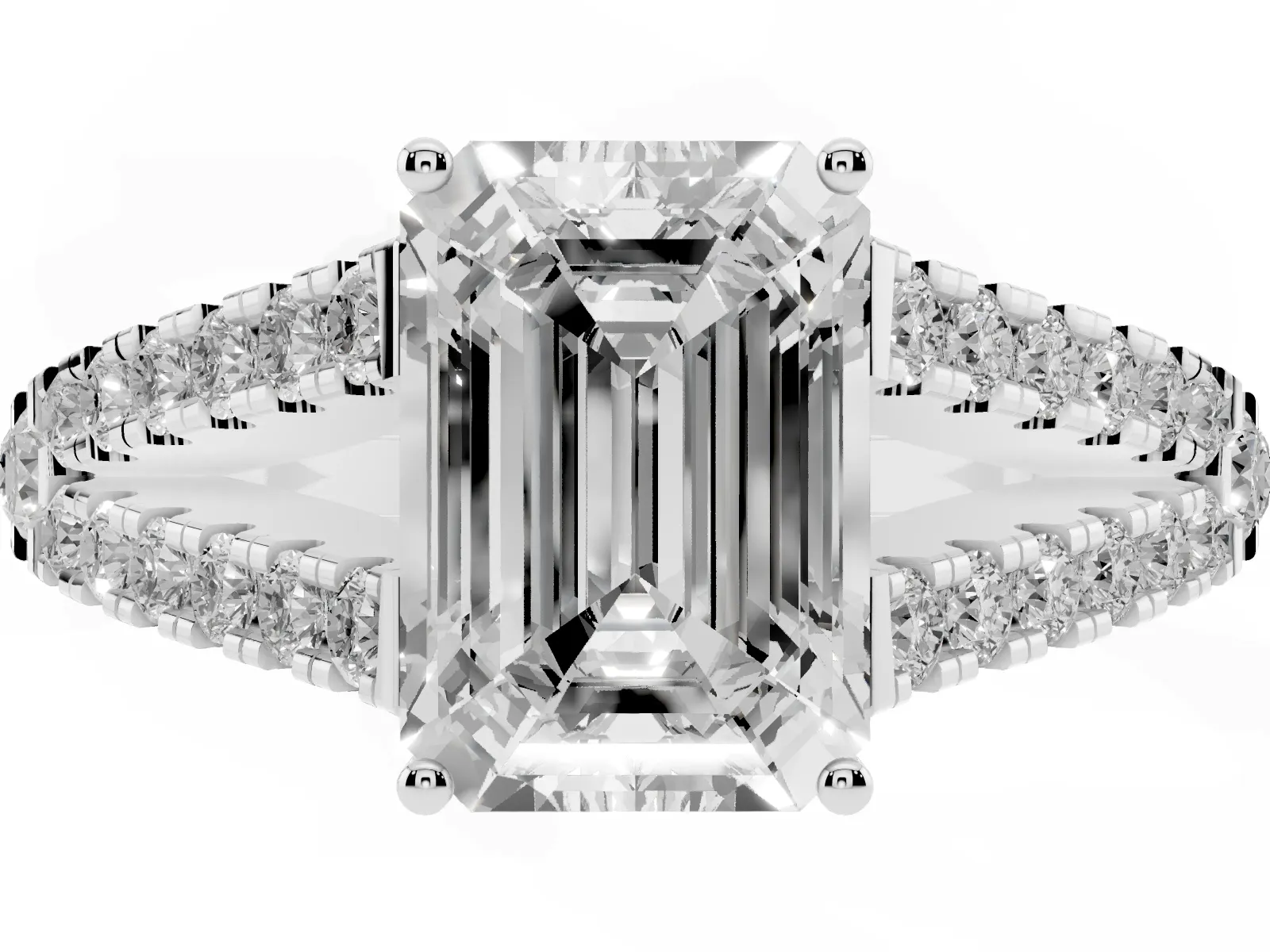 Emerald Cut Diamond Split Shank Engagement Ring with Round Pavé and Prong Setting White gold