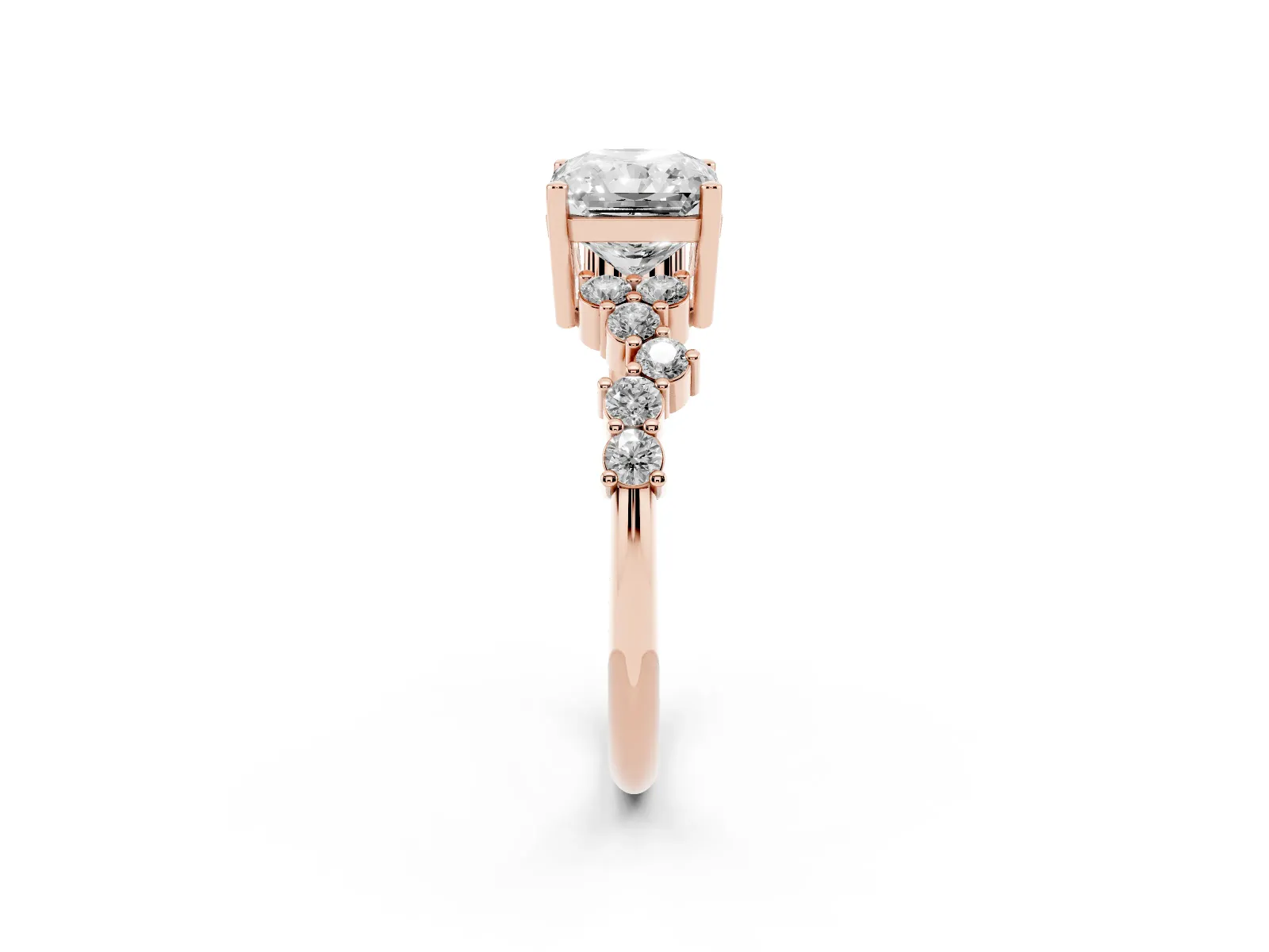 Radiant Cut Diamond Scattered Round Accent Ring with Prong Setting Rose gold