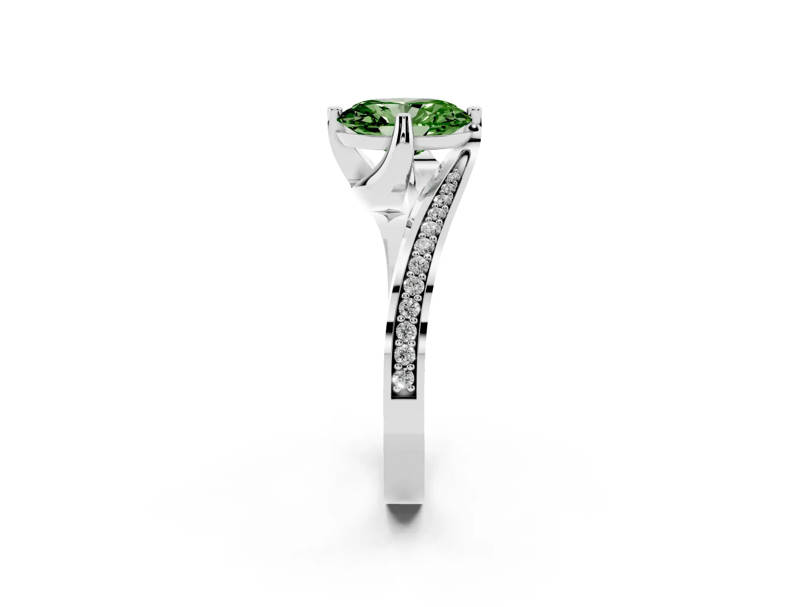 Fancy Green Oval Cut Solitaire Diamond Twist Band with Pavé Setting and Four-Prong Setting Platinum