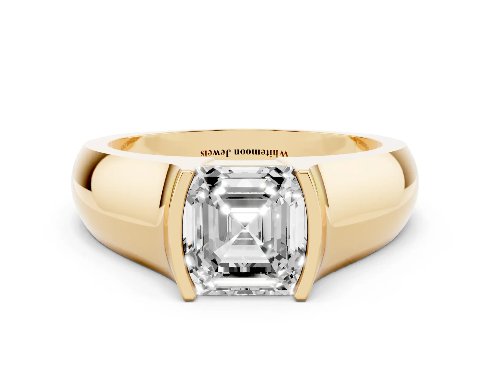 Asscher Cut Solitaire Bezel Set Diamond Ring with Wide Band Yellow gold