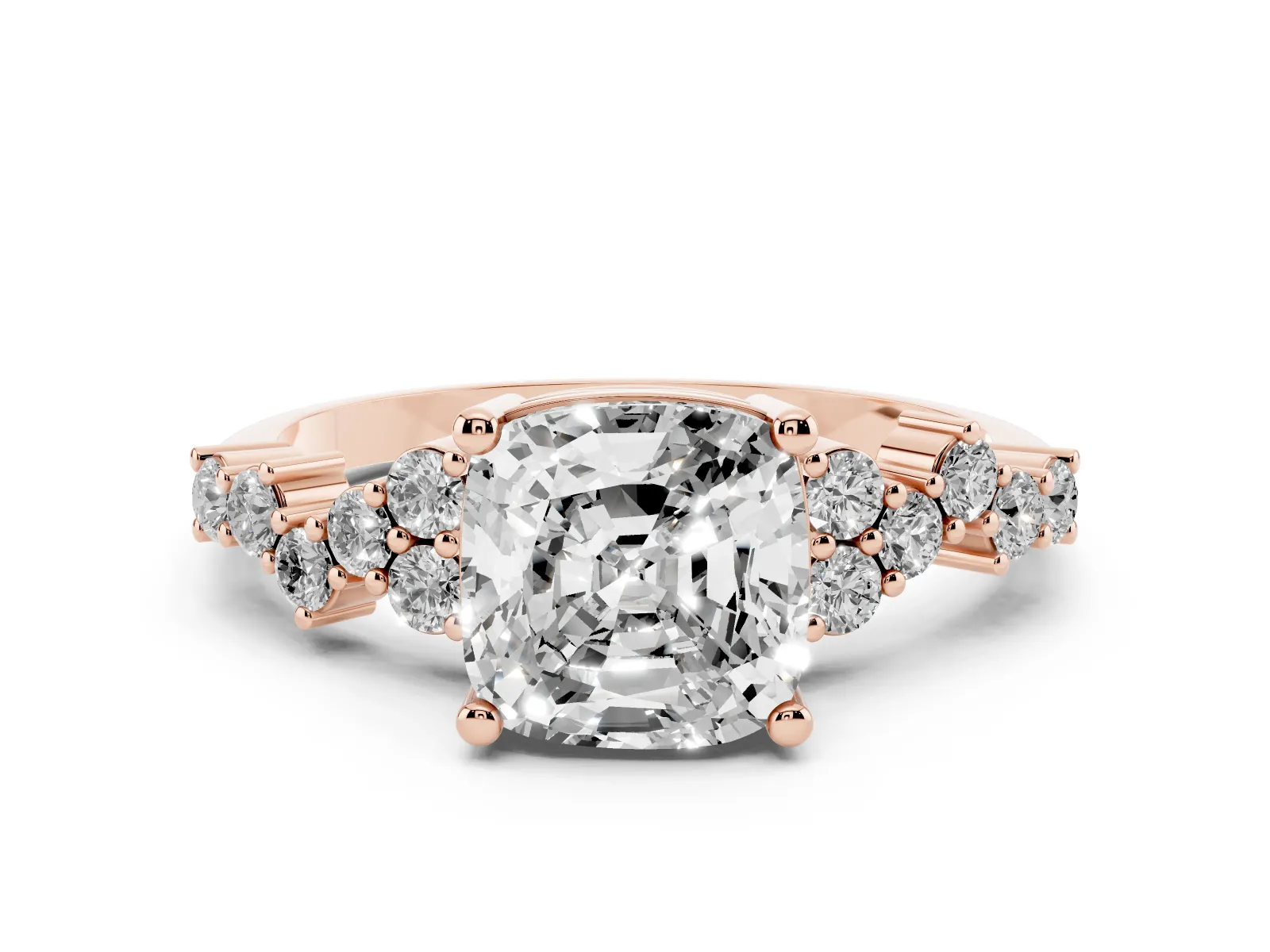 Cushion Cut Diamond Scattered Round Accent Ring with Prong Setting Rose gold