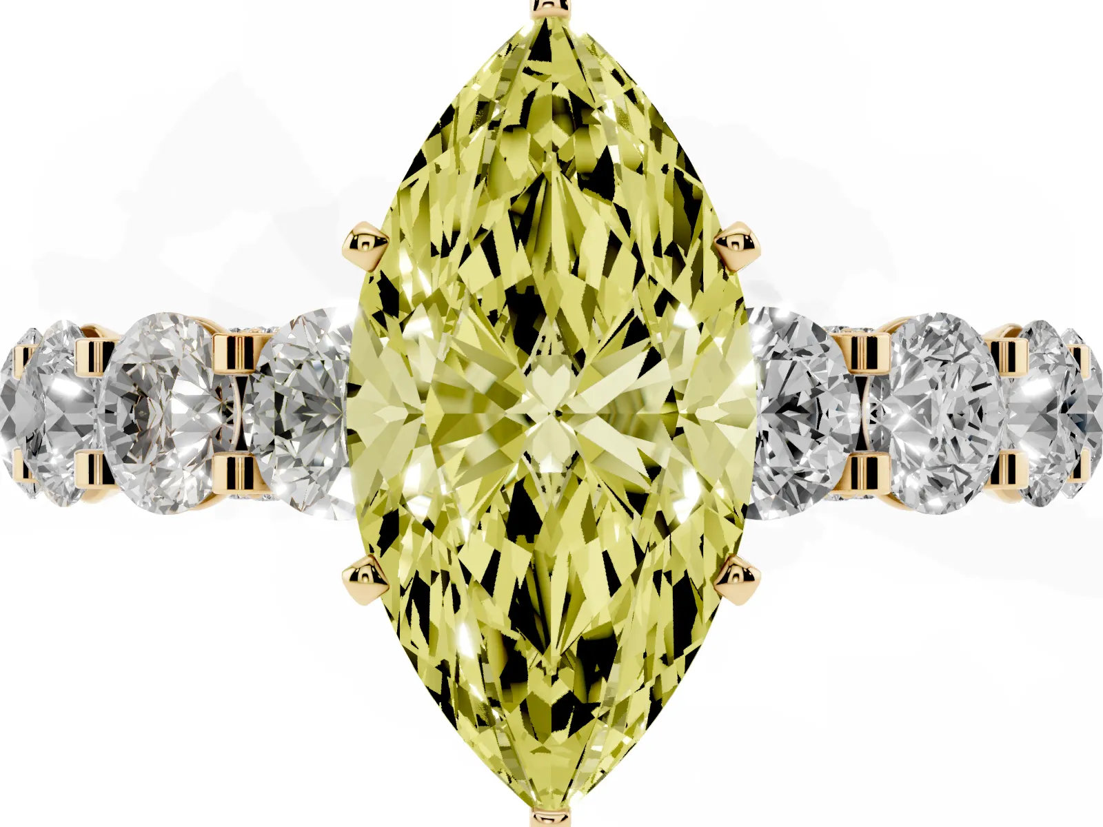 Fancy Yellow Marquise Cut Diamond Side Stone Engagement Ring with Four-Prong Setting Yellow gold