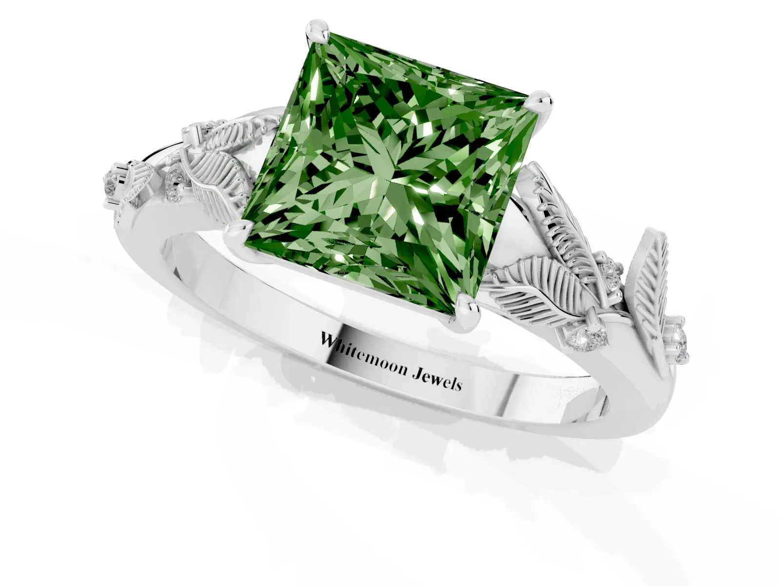 Fancy Green Princess Cut Diamond Solitaire Ring with Leaf Motif Band and Four-Prong Setting Platinum