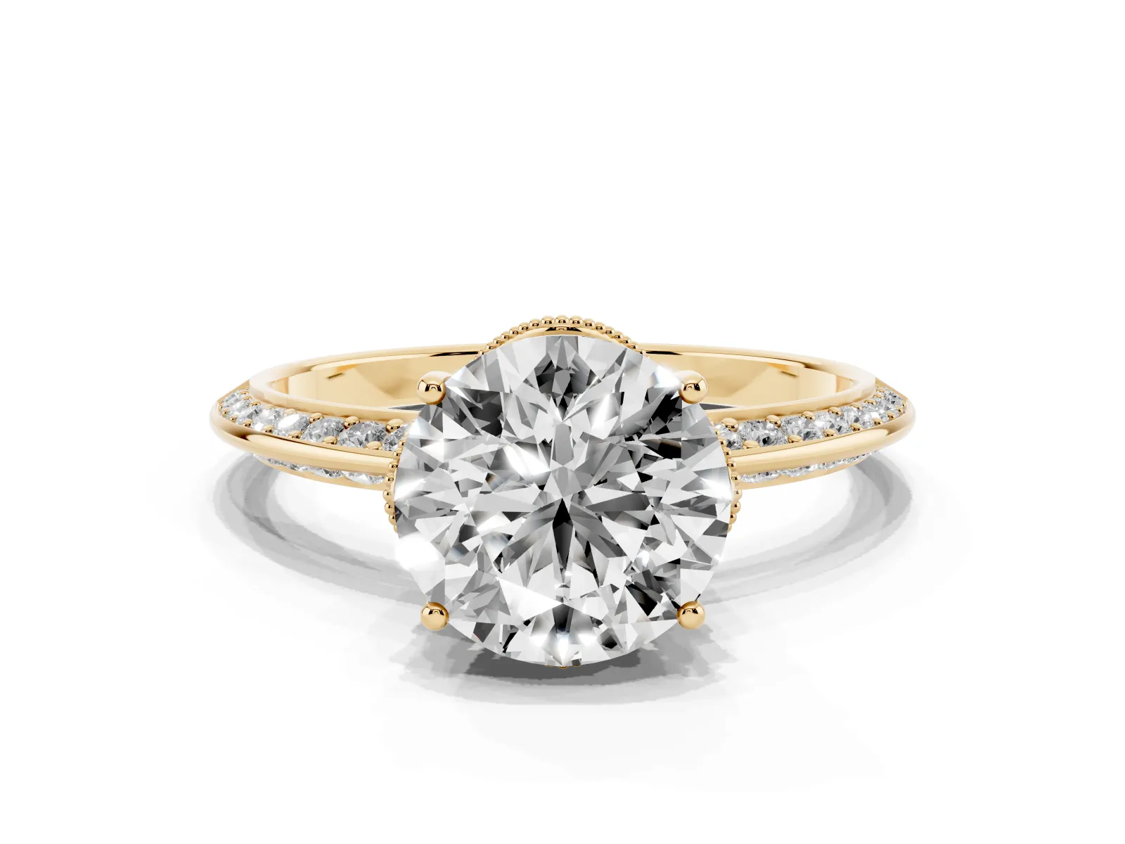 Round Cut Solitaire Split Shank Pave Diamond Engagement Ring with Four-Prong Setting Yellow gold