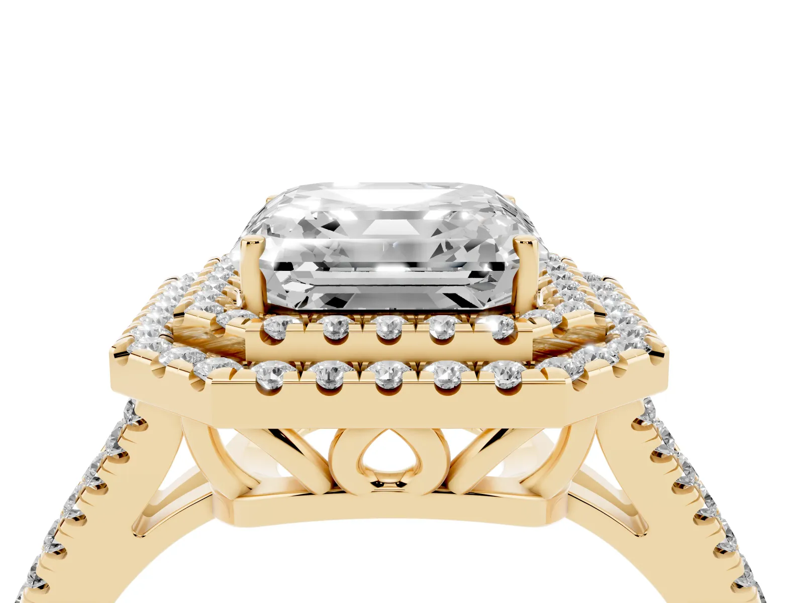 Asscher Cut Diamond Double Halo Ring with Pavé Band and Prong Setting Yellow gold