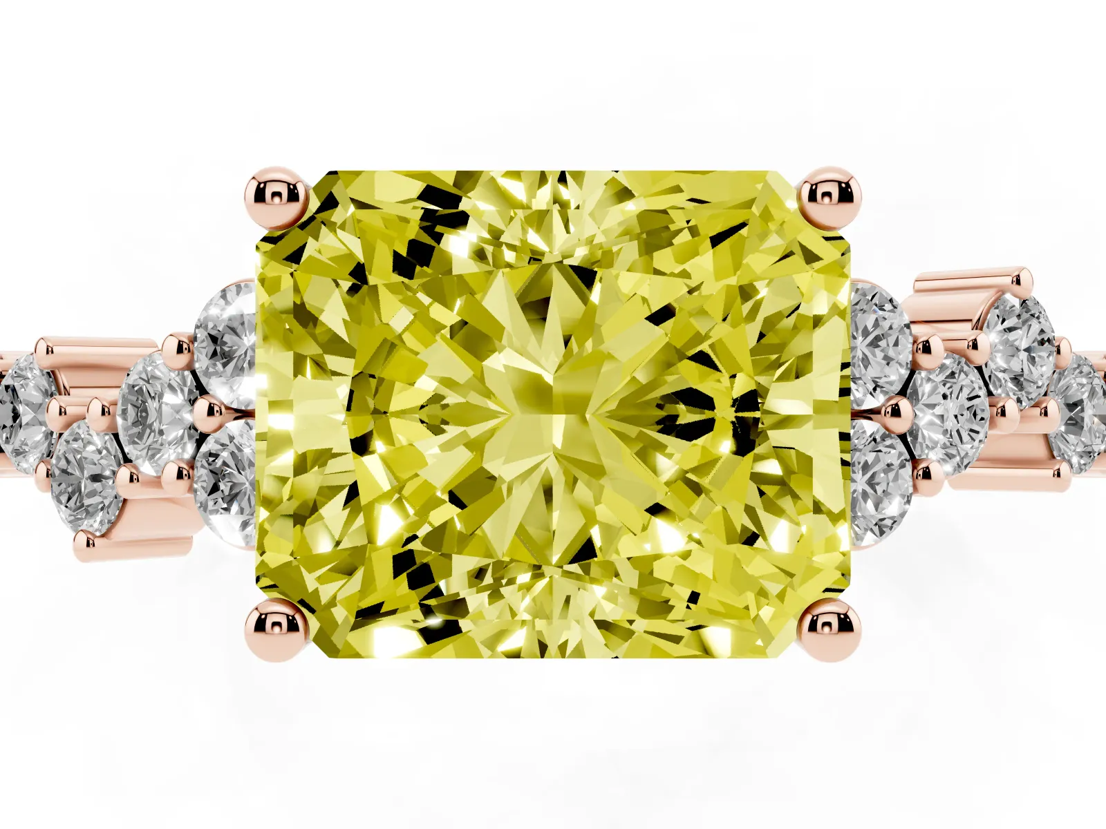 Fancy Yellow Radiant Cut Diamond Scattered Round Accent Ring with Prong Setting Rose gold