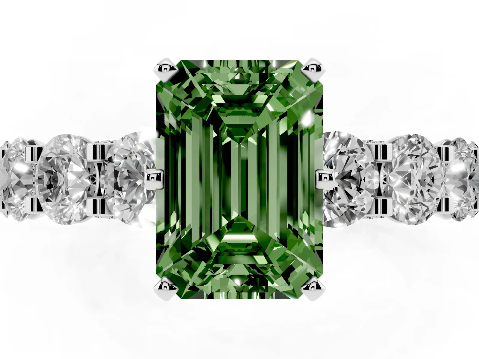 Fancy Green Emerald Cut Diamond Side Stone Engagement Ring with Four-Prong Setting White gold
