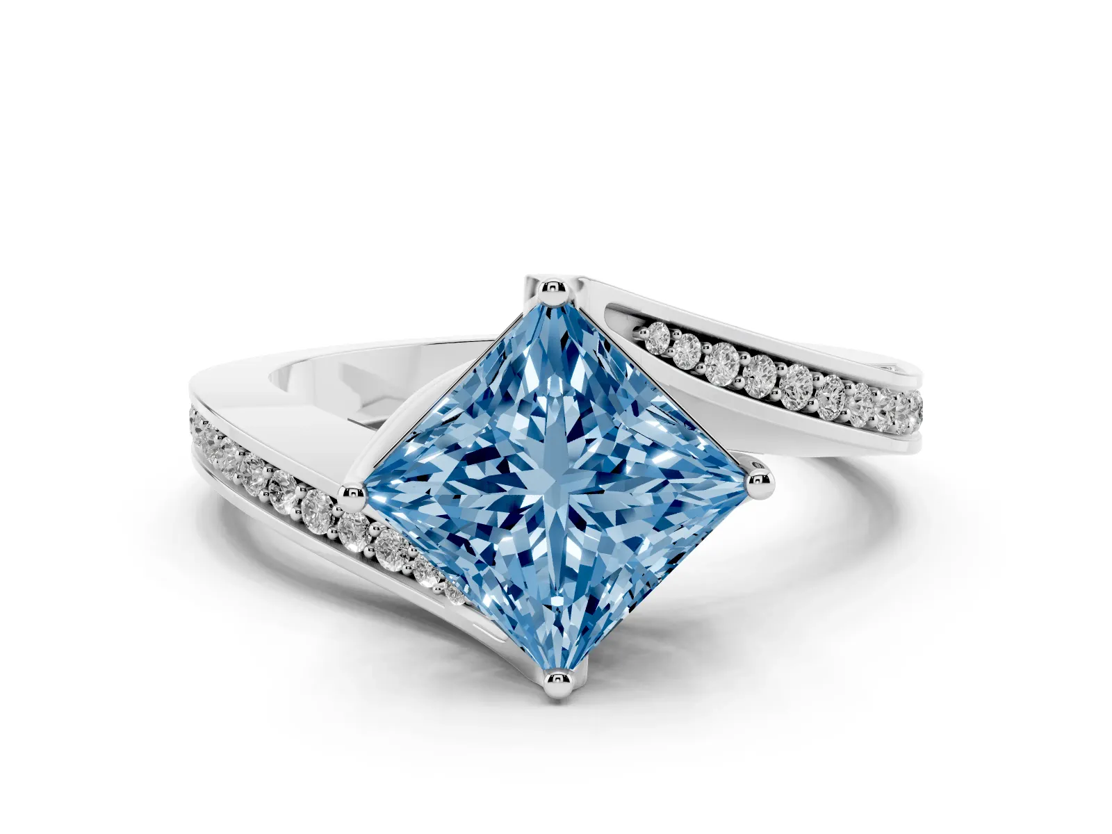 Fancy Blue Princess Cut Solitaire Diamond Twist Band with Pavé Setting and Four-Prong Setting Platinum