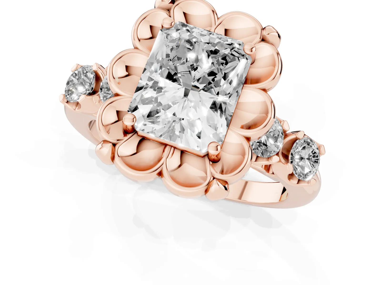Radiant Cut Cut Diamond Floral Halo Engagement Ring with Shared Prong Setting Rose gold