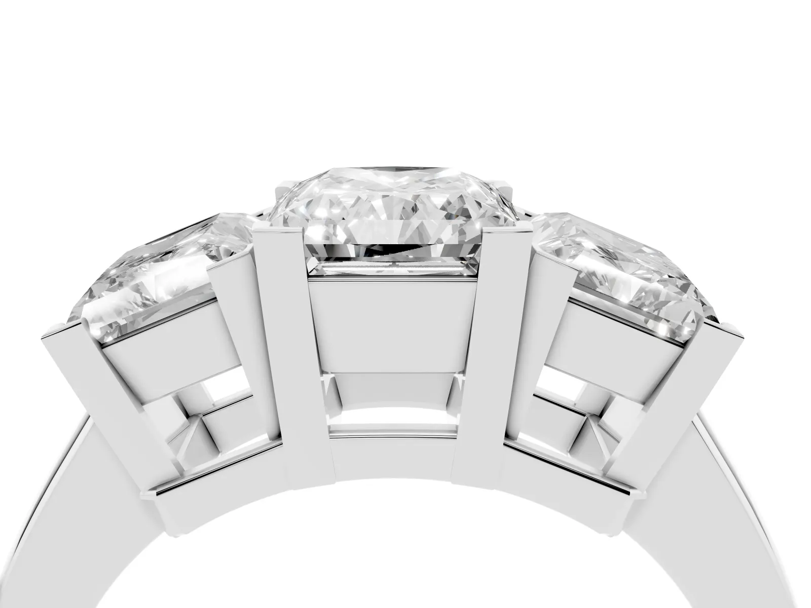 Three-Stone Radiant Cut Cut Diamond Ring with Channel Set Band and Four-Prong Setting Platinum