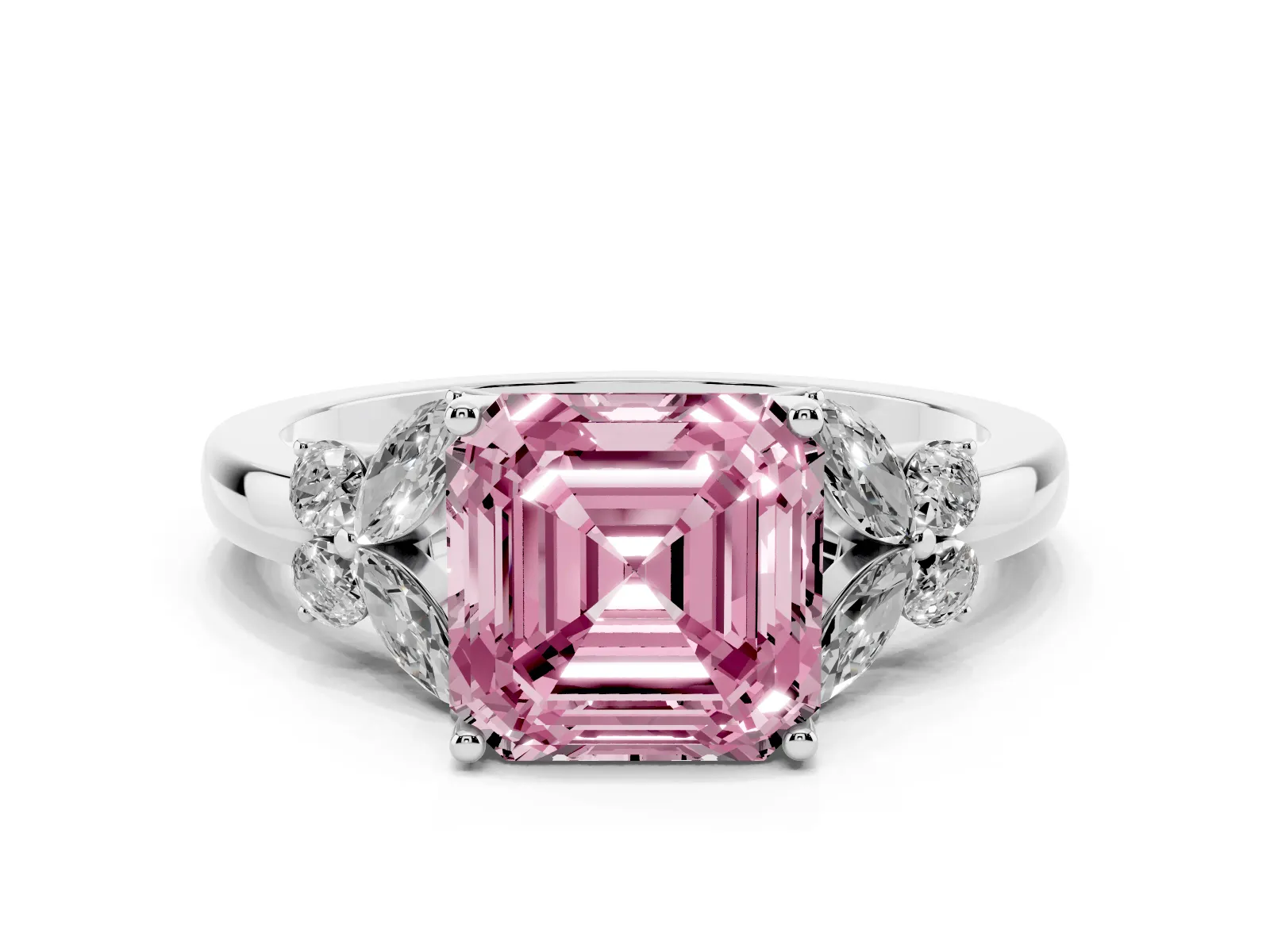Fancy Pink Asscher Cut Cut Solitaire Floral Diamond Ring with Four-Prong Setting Platinum