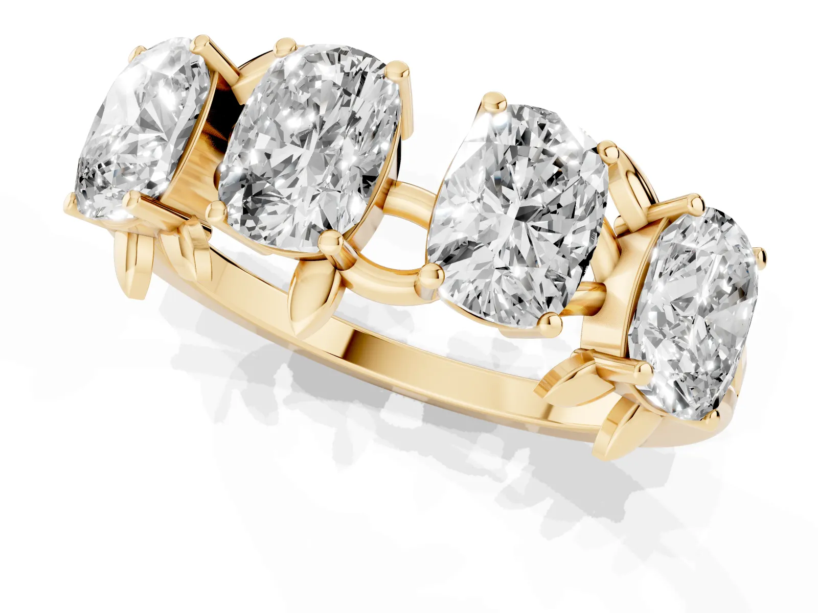 Four-Stone Elongated Cushion Diamond Band with Nature-Inspired Prong Setting Yellow gold