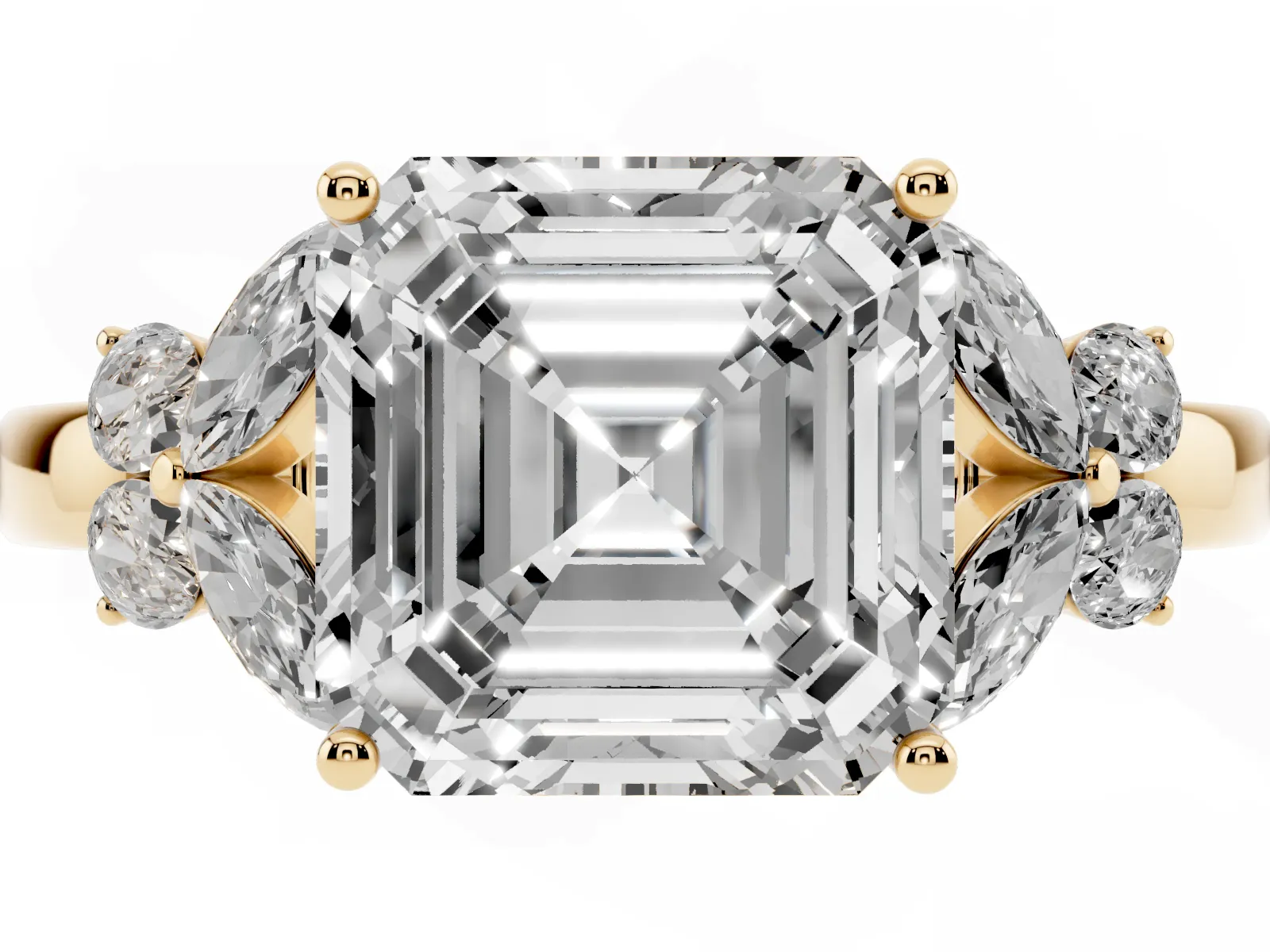 Asscher Cut Cut Solitaire Floral Diamond Ring with Four-Prong Setting Yellow gold