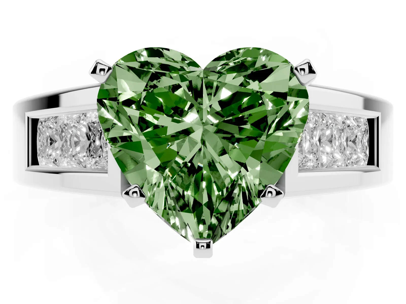 Fancy Green Heart Cut Cut Channel Set Solitaire Ring with Four-Prong Setting White gold