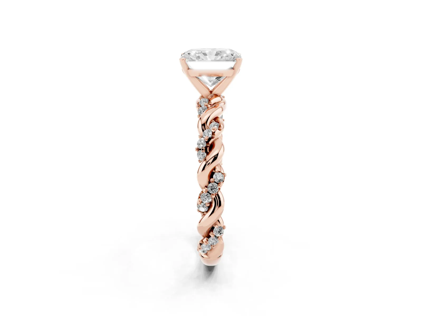 Radiant Cut Diamond Solitaire Ring with Twisted Band and Pavé Accents Rose gold