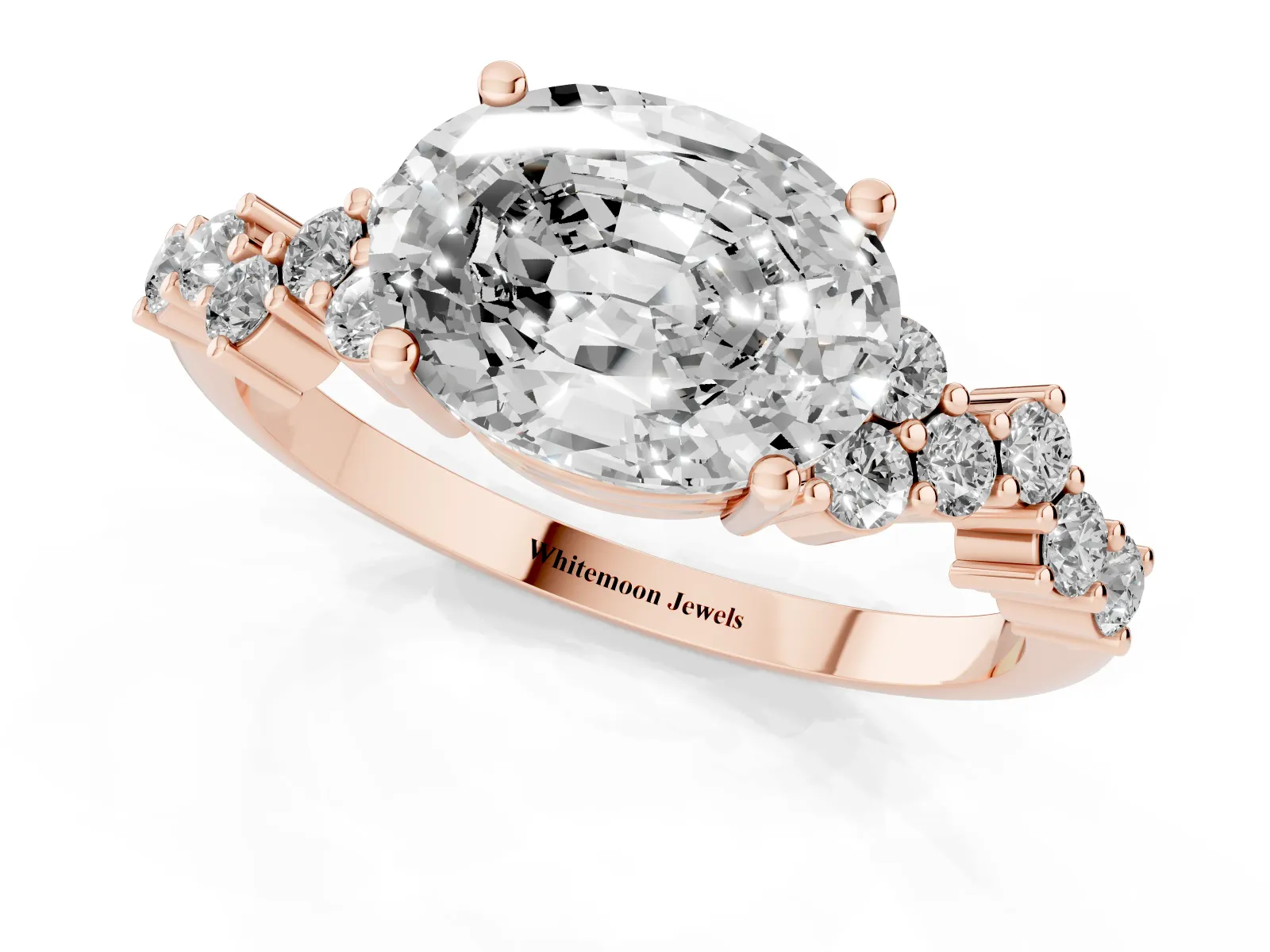 Oval Cut Diamond Scattered Round Accent Ring with Prong Setting Rose gold