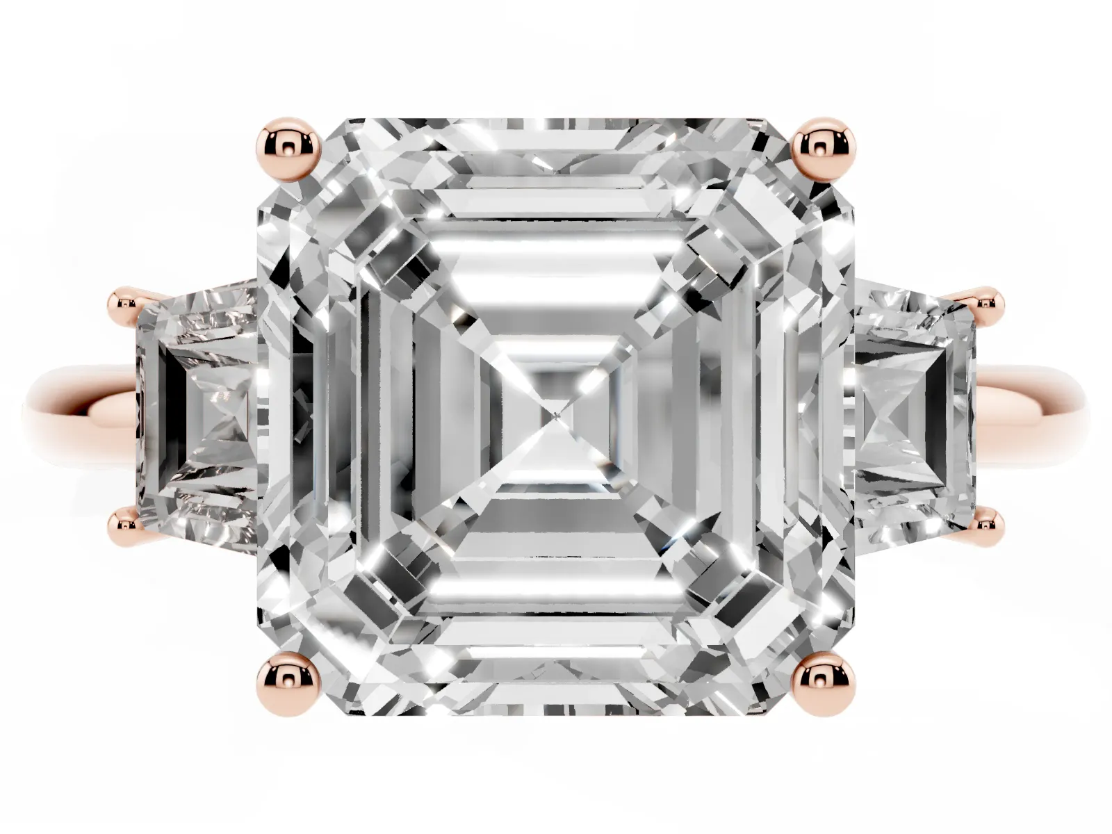 Asscher Cut Diamond Three-Stone Ring with Trapezoid Side Stones and Prong Setting Rose gold