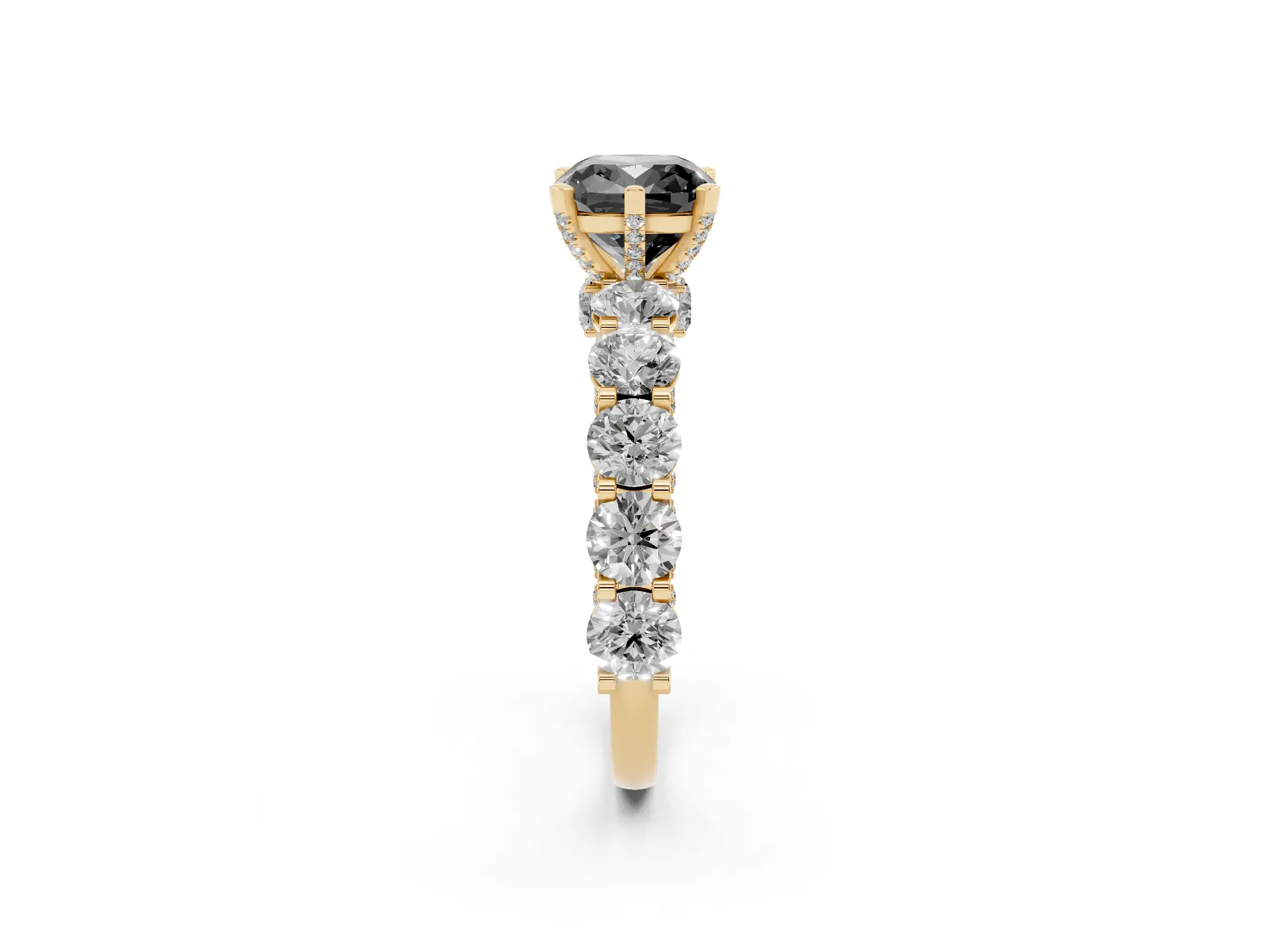 Fancy Black Cushion Cut Diamond Side Stone Engagement Ring with Four-Prong Setting Yellow gold