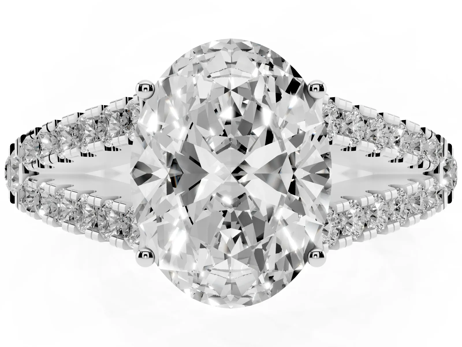Oval Cut Diamond Split Shank Engagement Ring with Round Pavé and Prong Setting White gold
