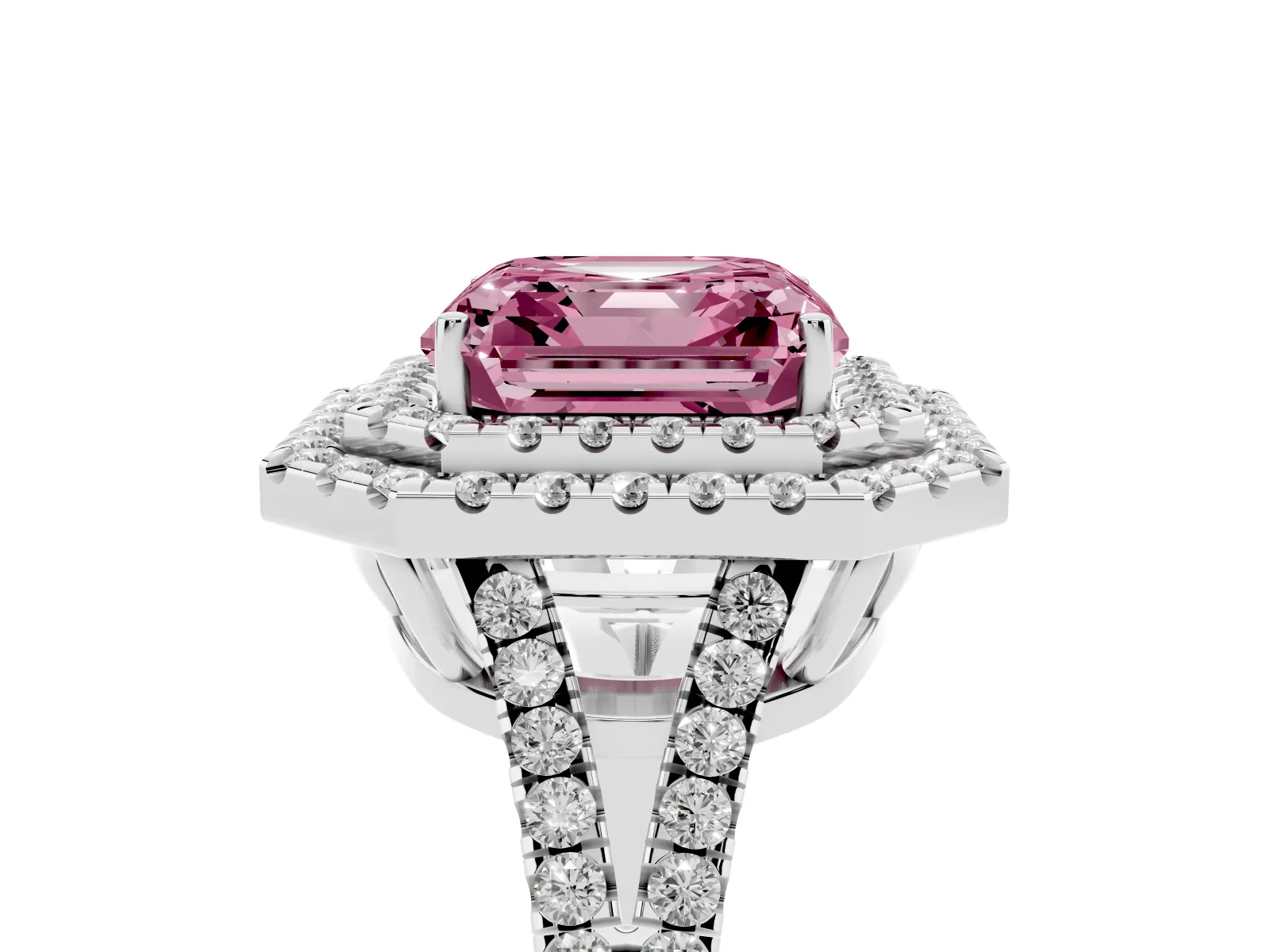Fancy Pink Asscher Cut Diamond Double Halo Ring with Pavé Band and Prong Setting Platinum