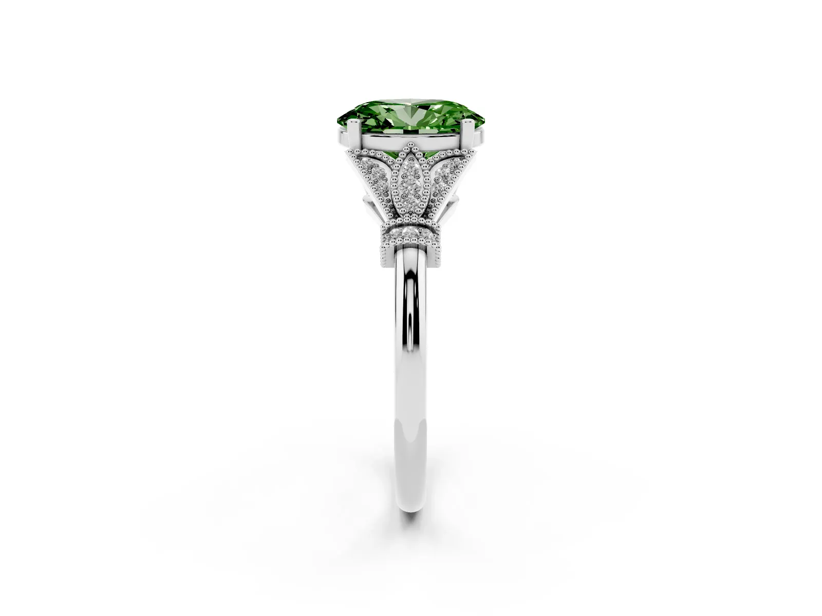 Fancy Green Oval Cut Diamond Solitaire Ring with Floral Filigree and Pave Accents White gold