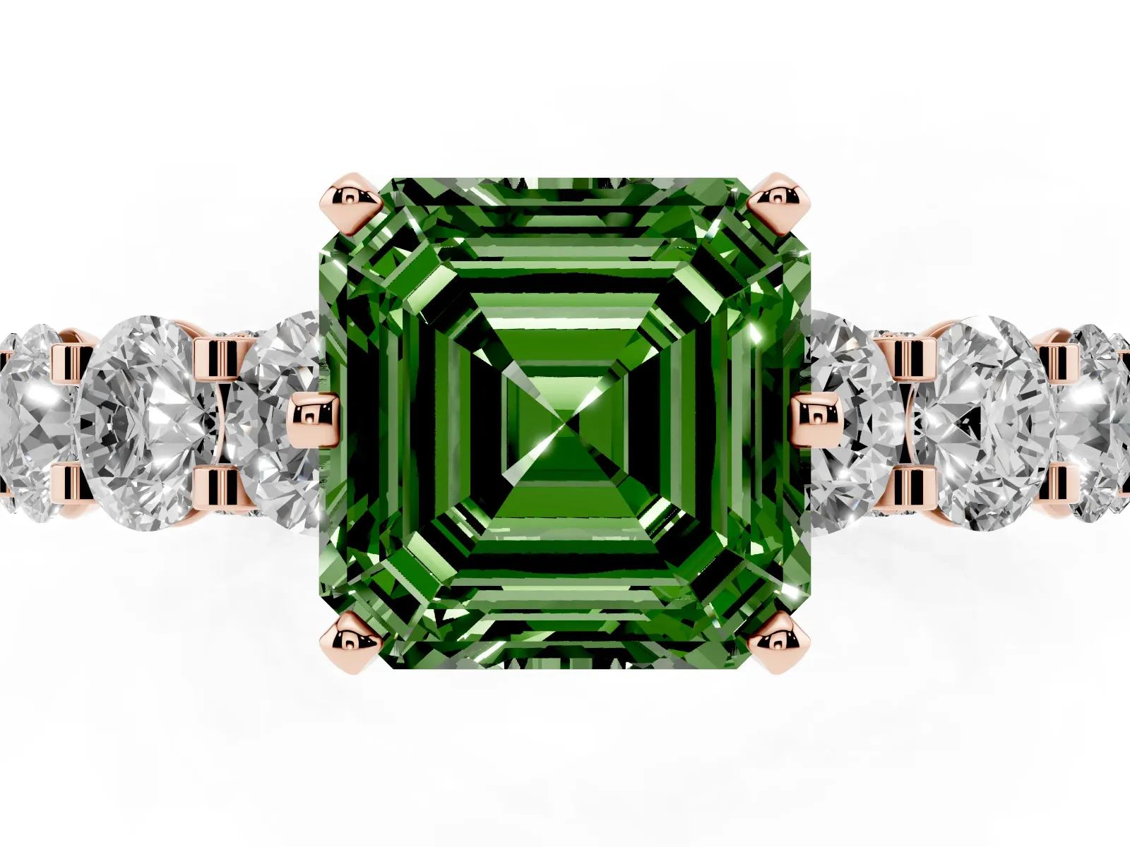 Fancy Green Asscher Cut Diamond Side Stone Engagement Ring with Four-Prong Setting Rose gold