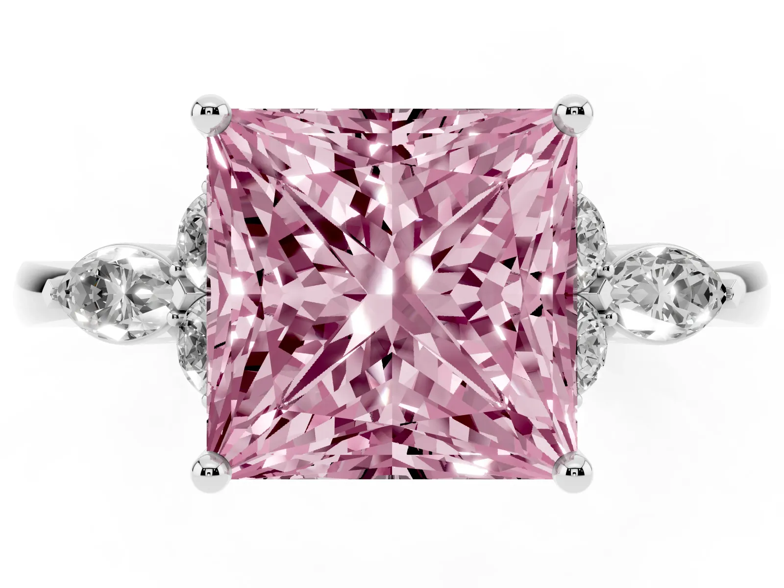 Fancy Pink Princess Cut Brilliant Diamond Solitaire Ring with Pear Side Stones and Four-Prong Setting Platinum