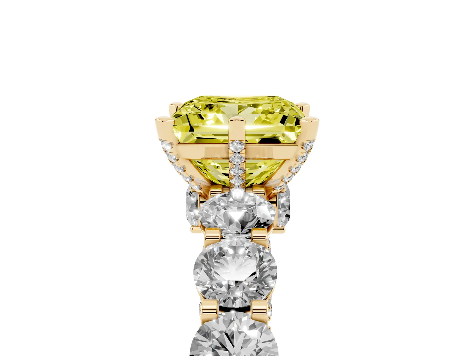 Fancy Yellow Princess Cut Diamond Side Stone Engagement Ring with Four-Prong Setting Yellow gold
