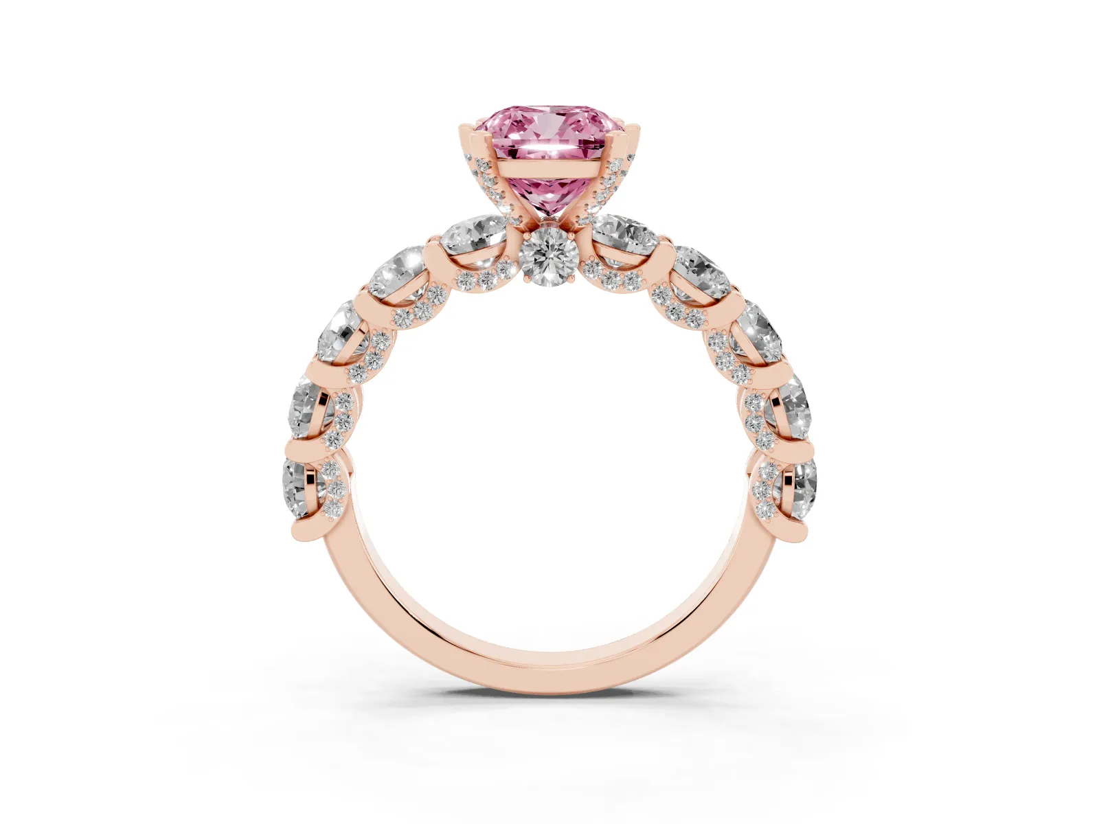 Fancy Pink Cushion Cut Diamond Side Stone Engagement Ring with Four-Prong Setting Rose gold