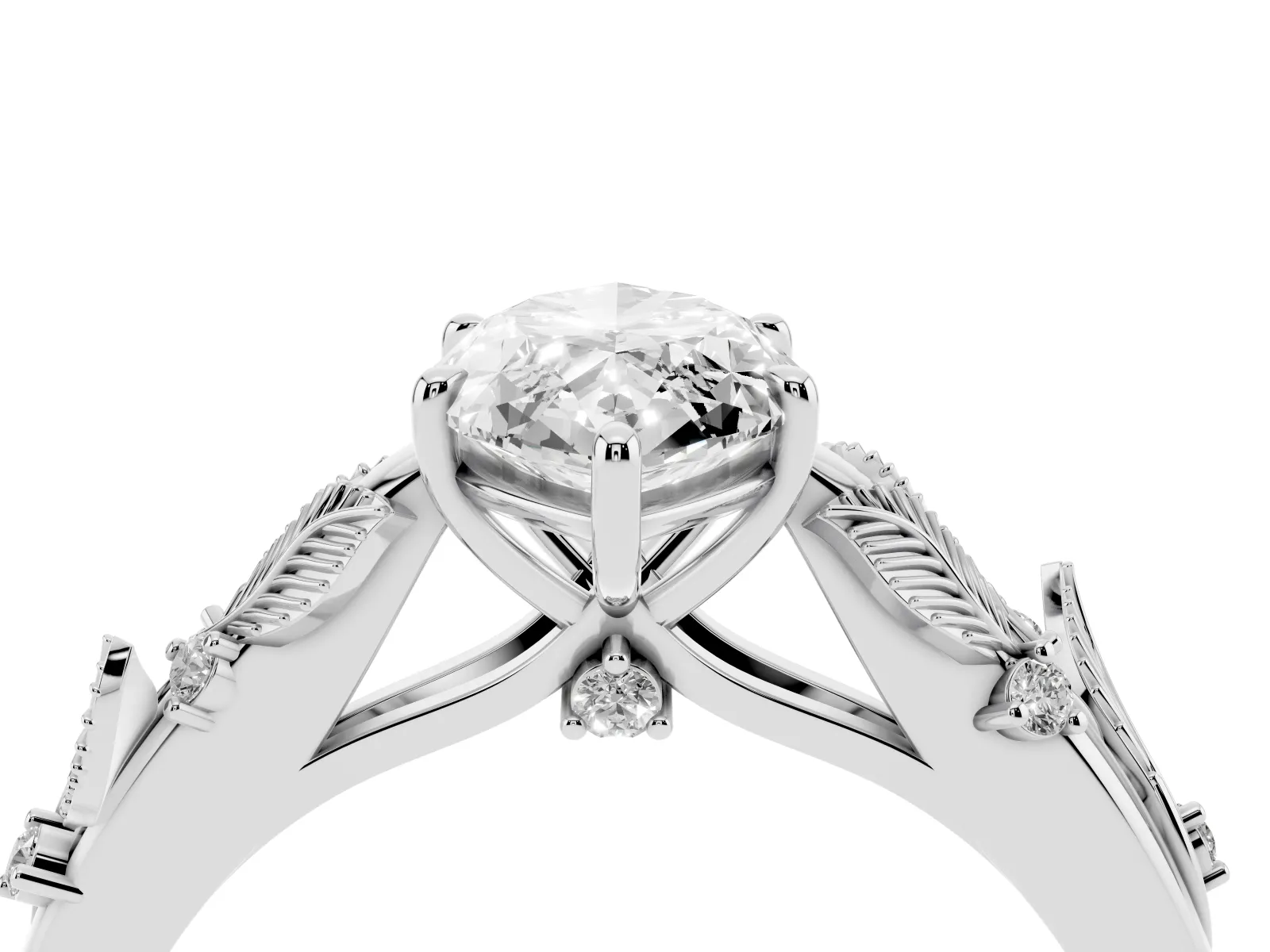 Marquise Cut Diamond Solitaire Ring with Leaf Motif Band and Four-Prong Setting Platinum